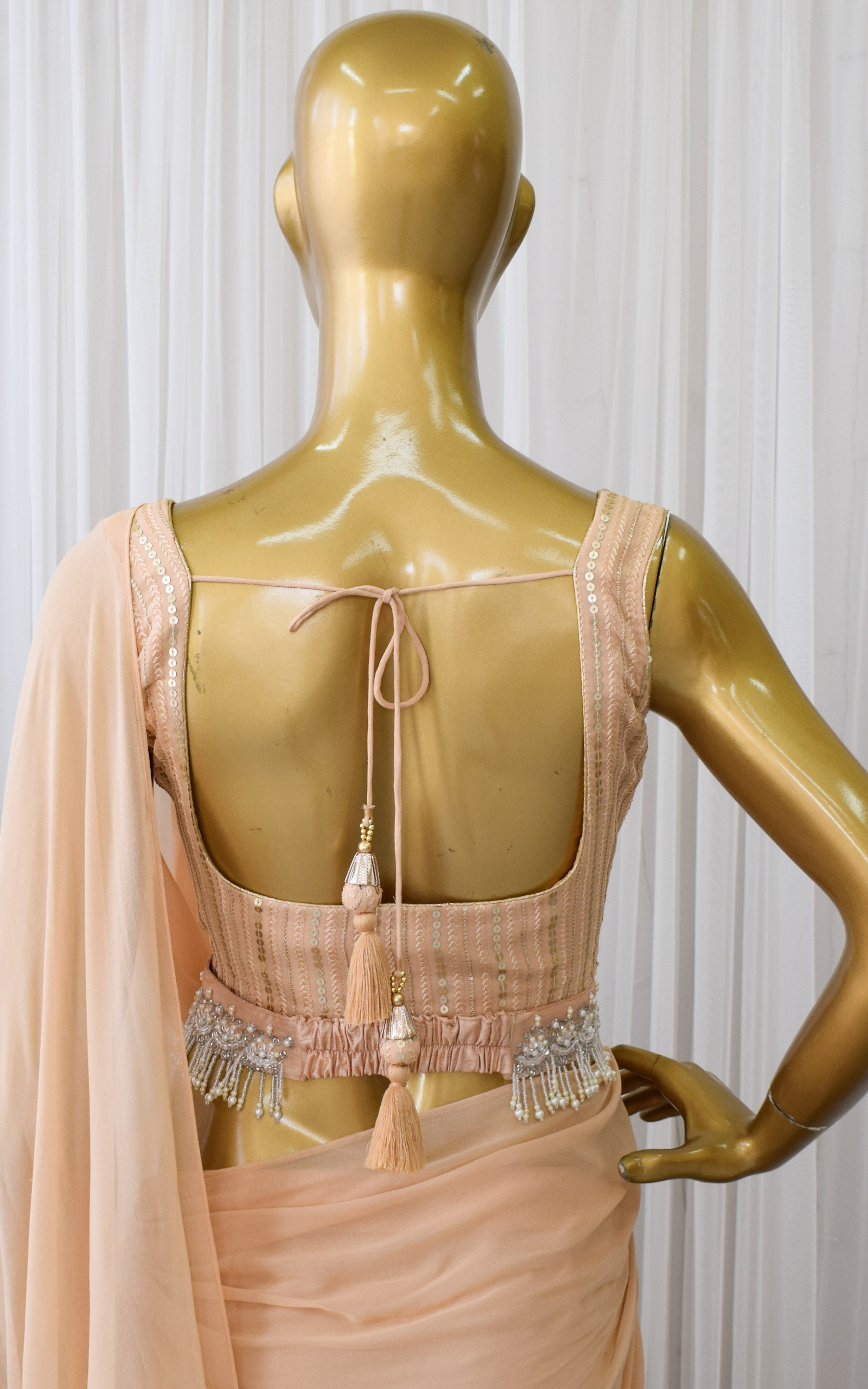 Nude Blush Pre-Draped Ruffle Saree with Embellished Belt