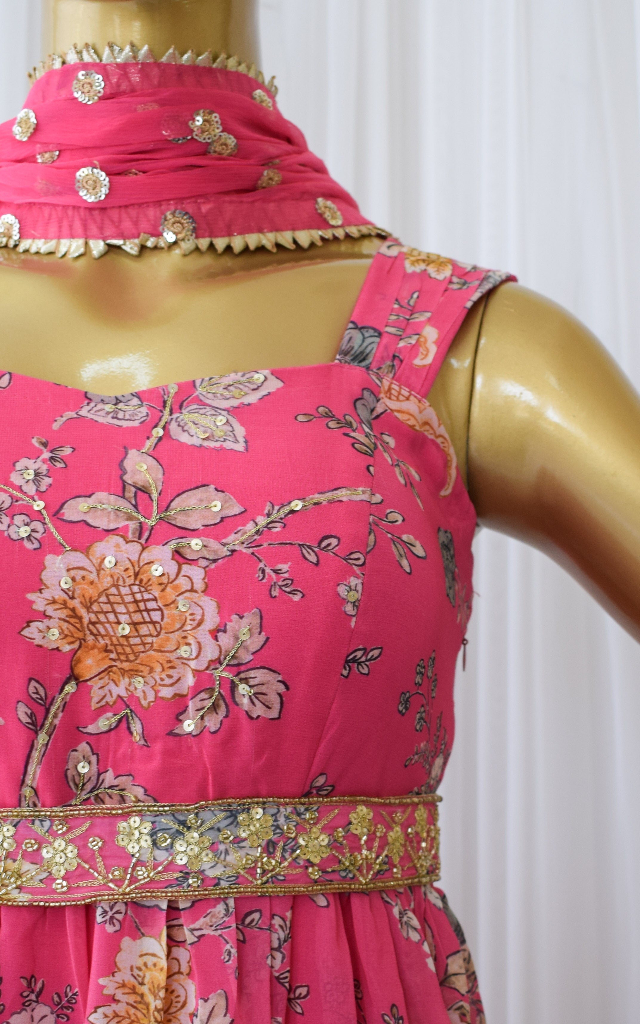 Asees Kaur Pink Floral Printed Georgette Handwork Anarkali with Embellished Belt