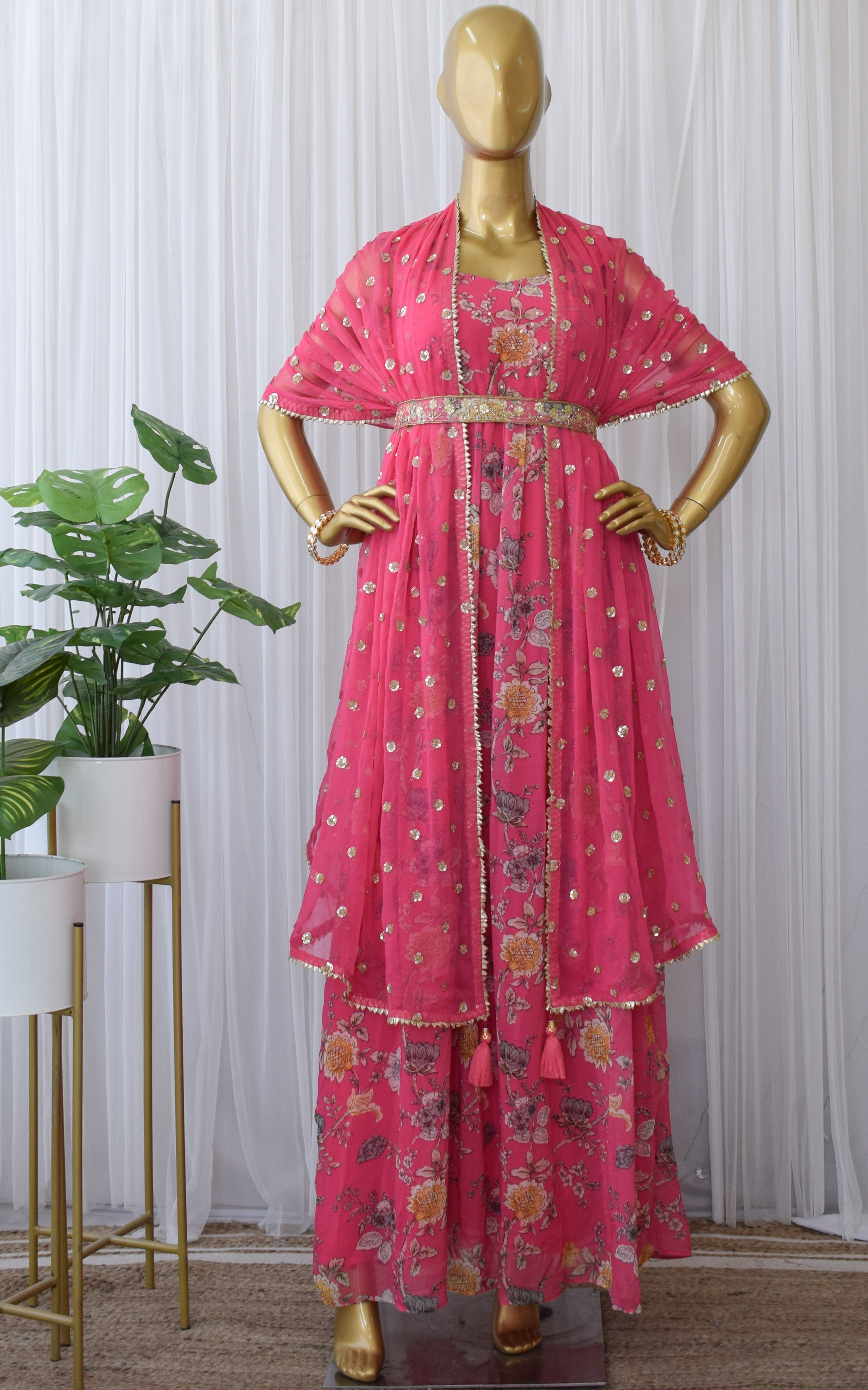 Asees Kaur Pink Floral Printed Georgette Handwork Anarkali with Embellished Belt