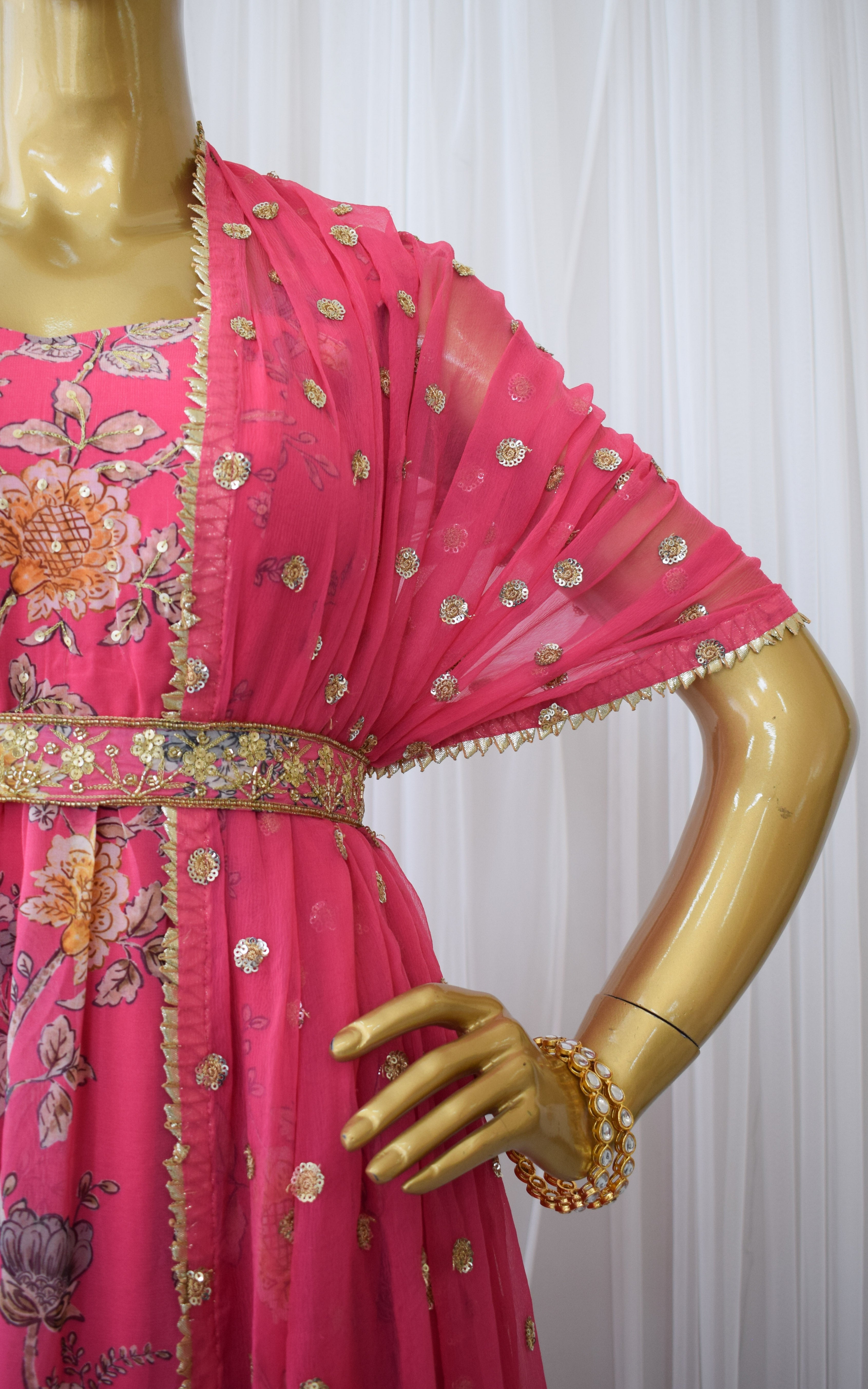 Asees Kaur Pink Floral Printed Georgette Handwork Anarkali with Embellished Belt