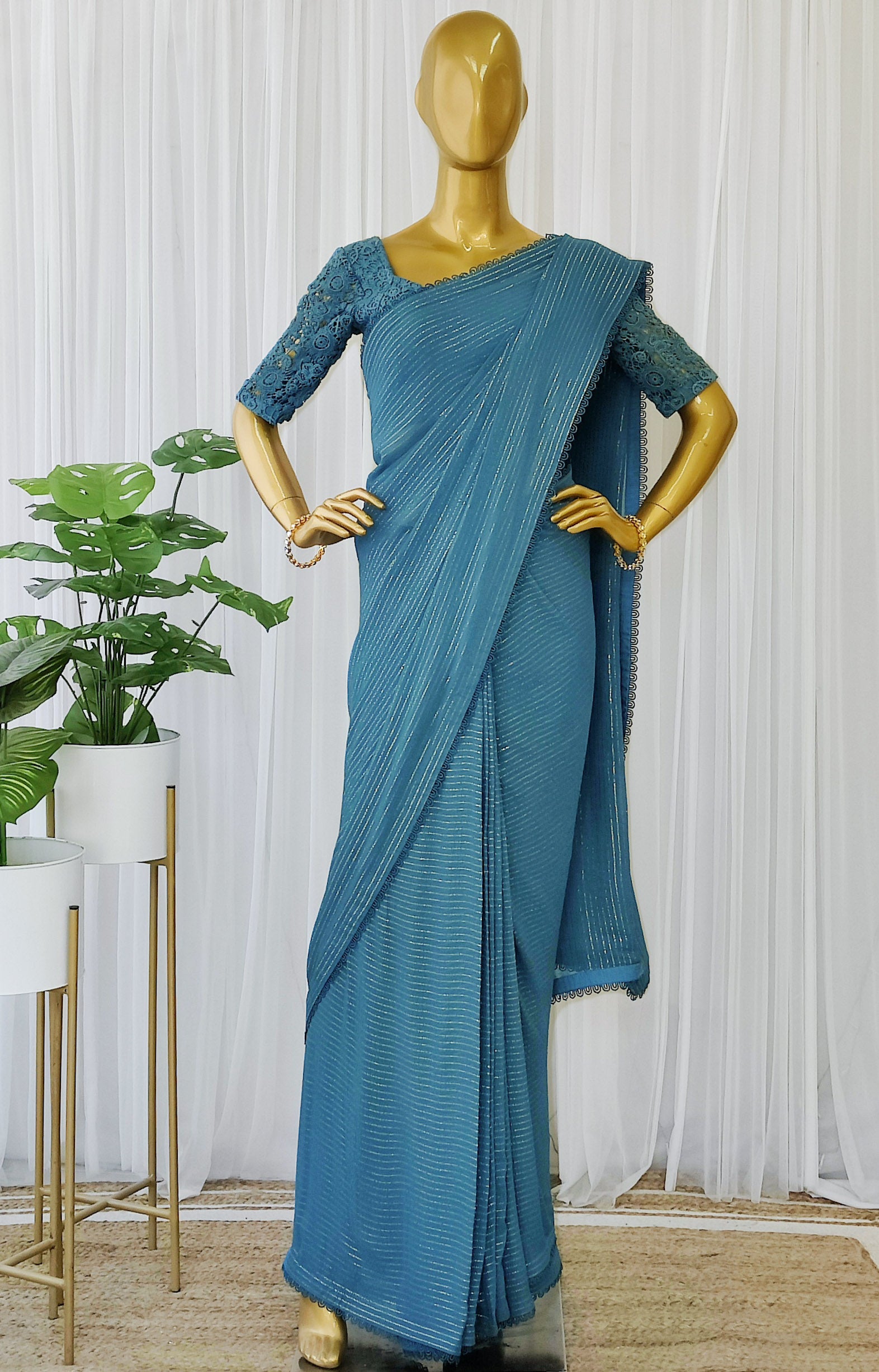 Teal Blue Georgette Saree with Cutwork Crochet Blouse