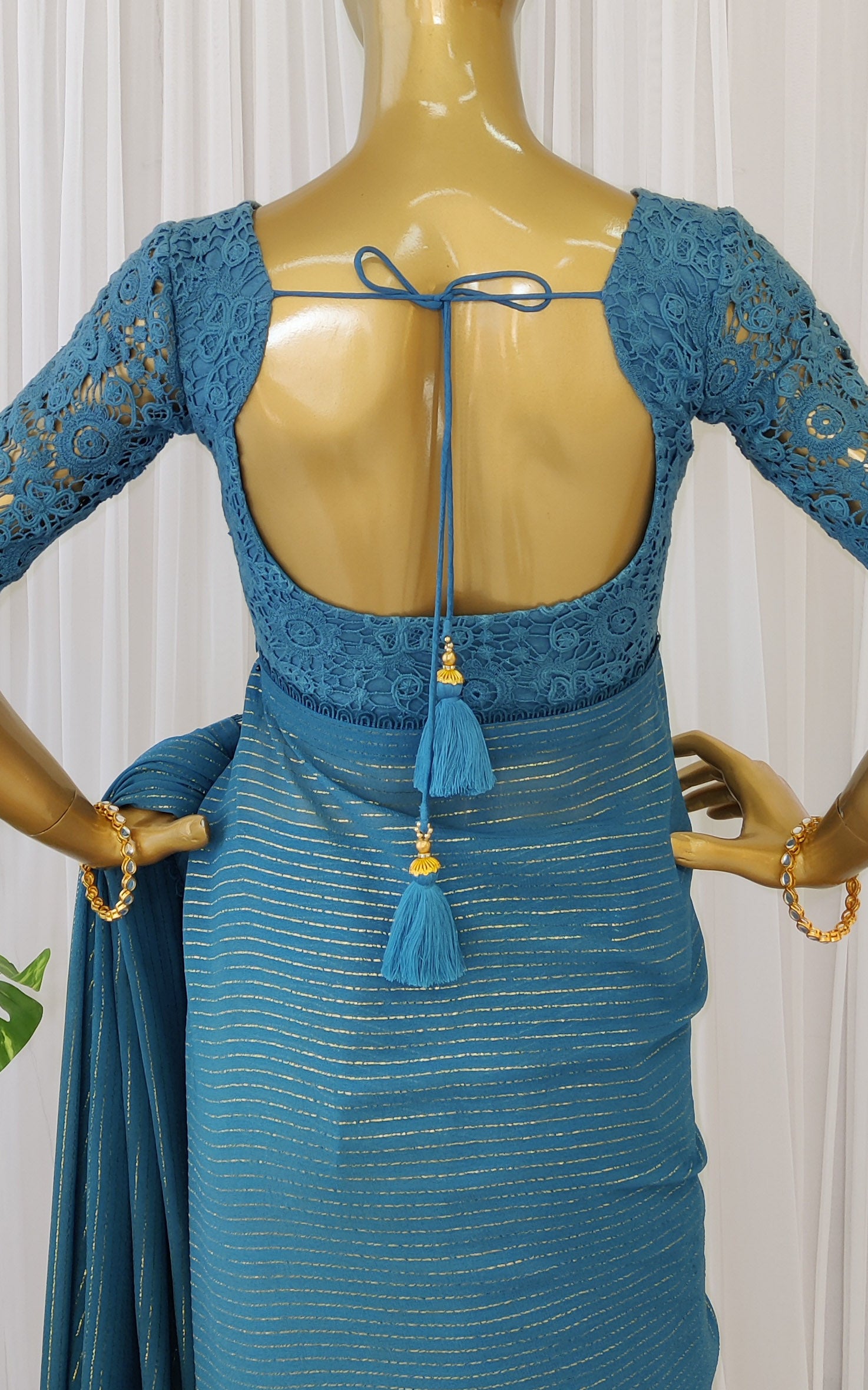 Teal Blue Georgette Saree with Cutwork Crochet Blouse
