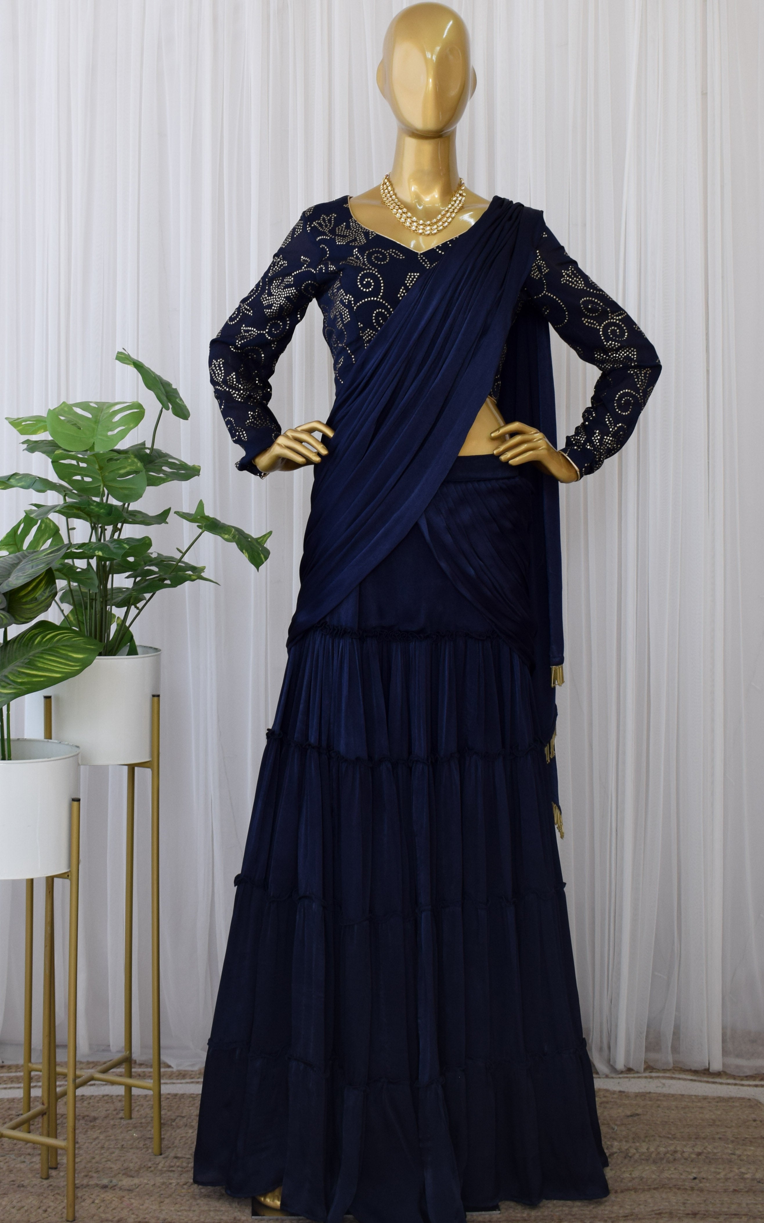 Navy Blue Chinon Satin Saree