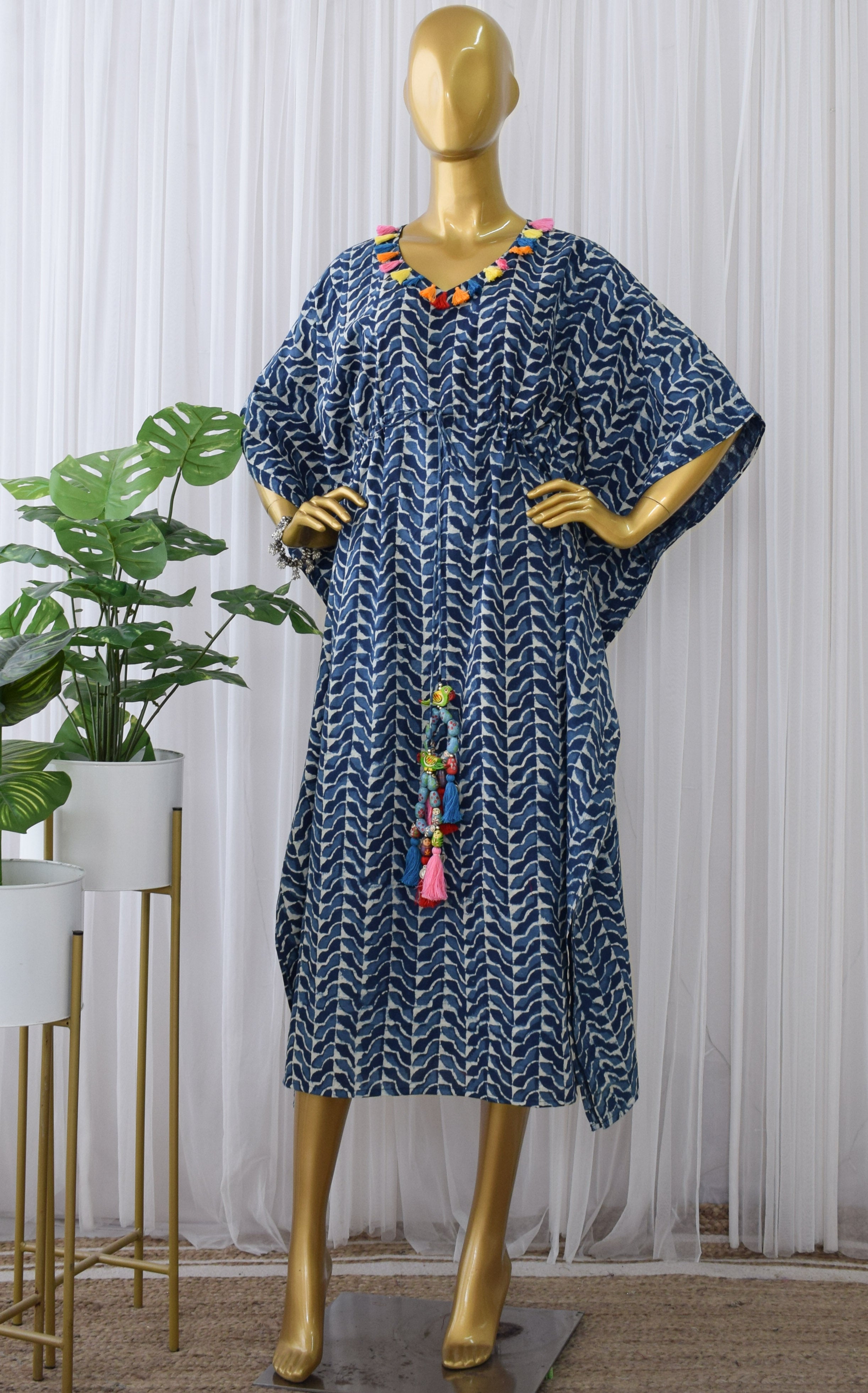 Indigo Wave Print Cotton Kaftan Dress