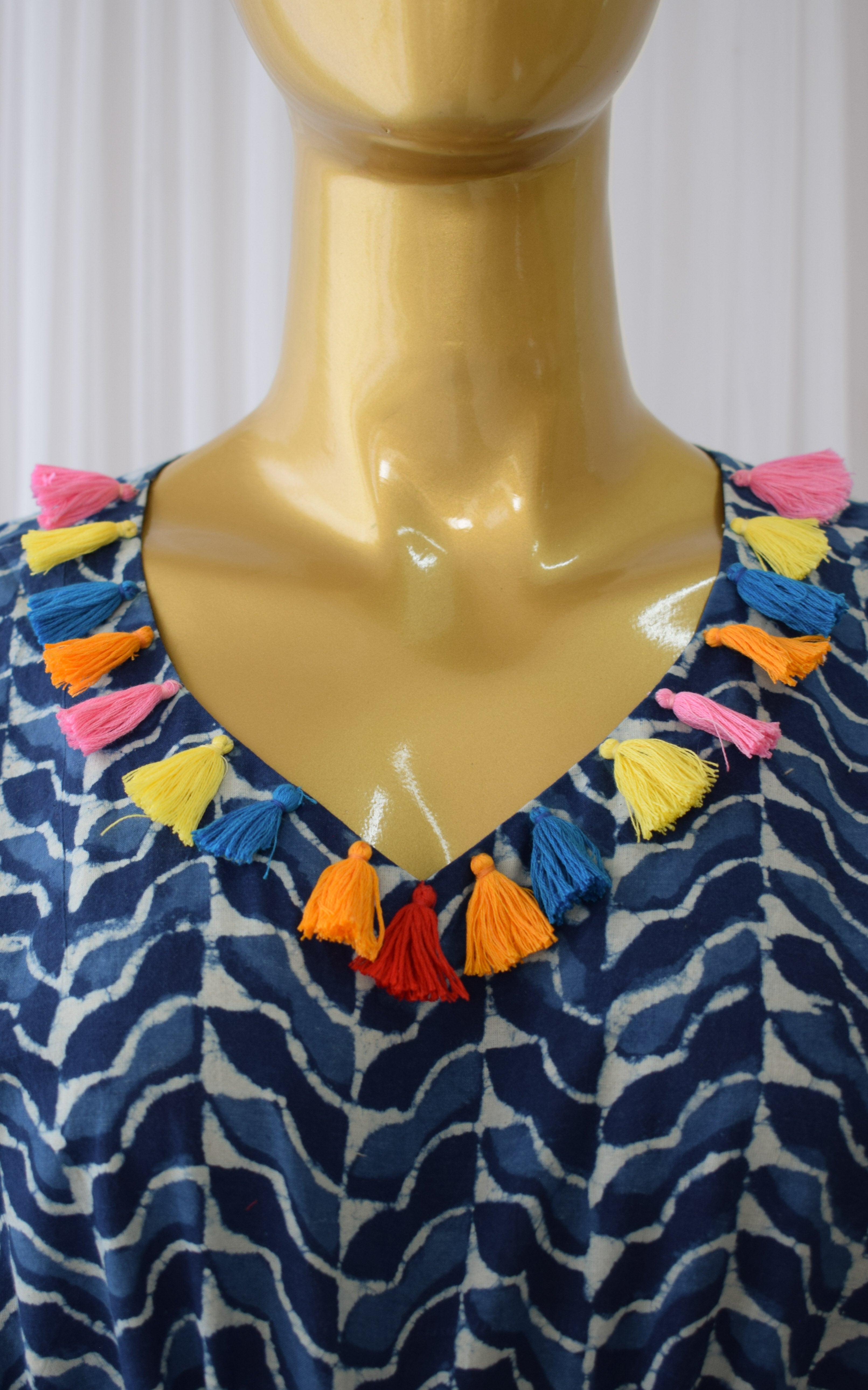 Indigo Wave Print Cotton Kaftan Dress