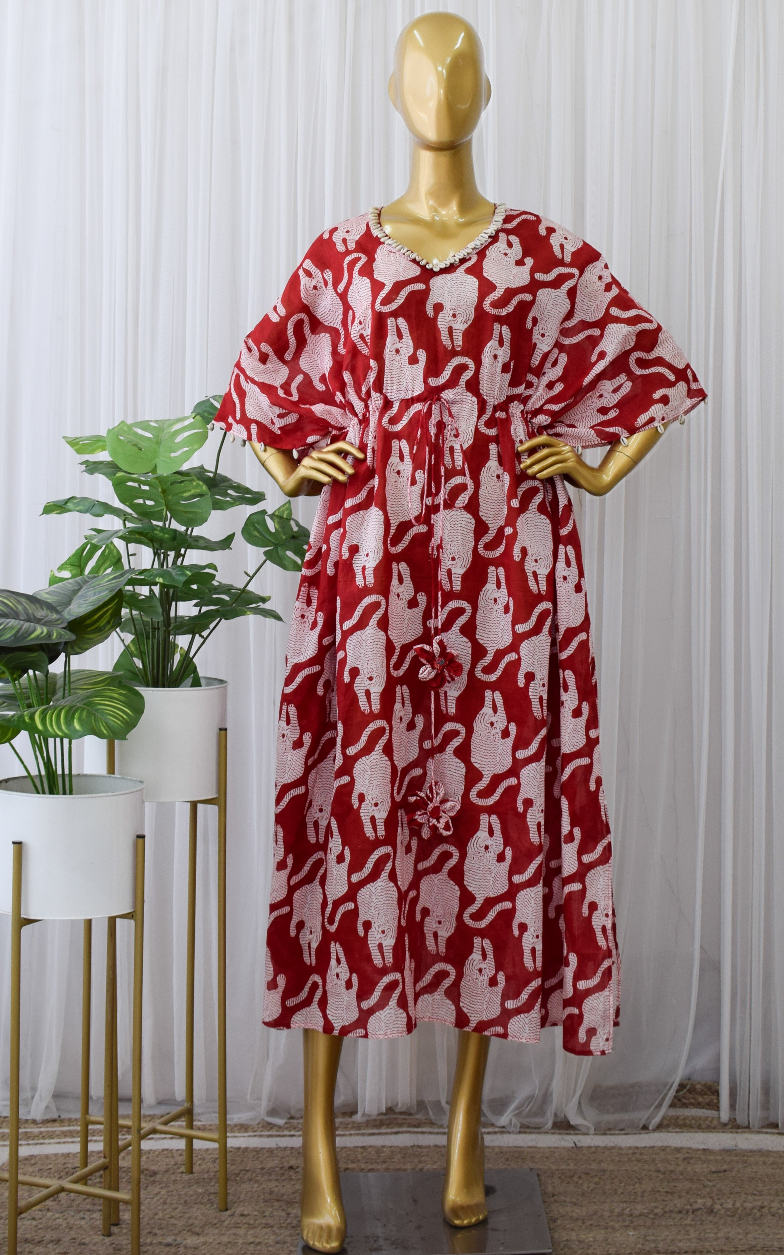 Red Leopard Block Print Kaftan Dress