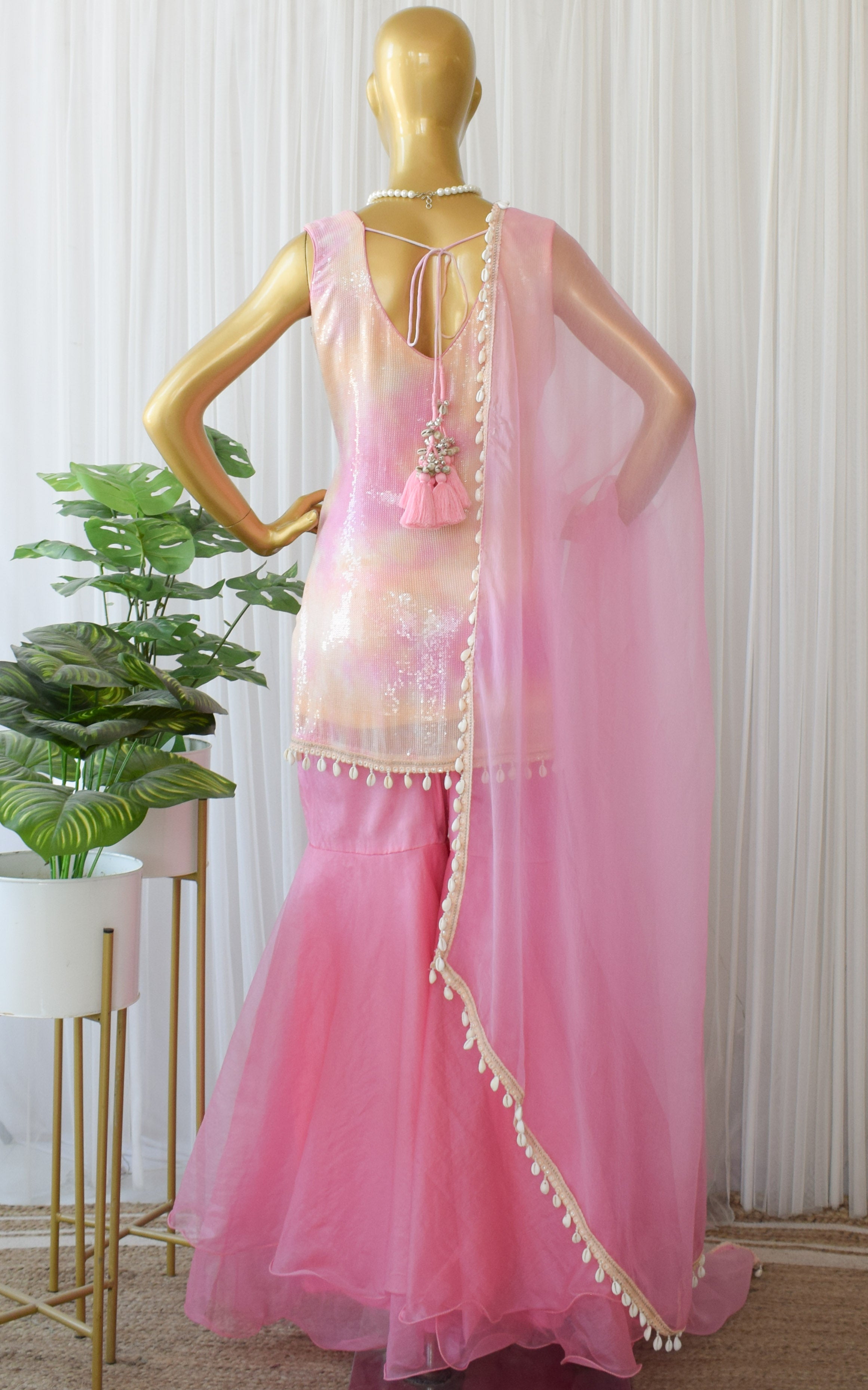 Shreeja Cream & Pink Sequinned Shibori Sharara Set