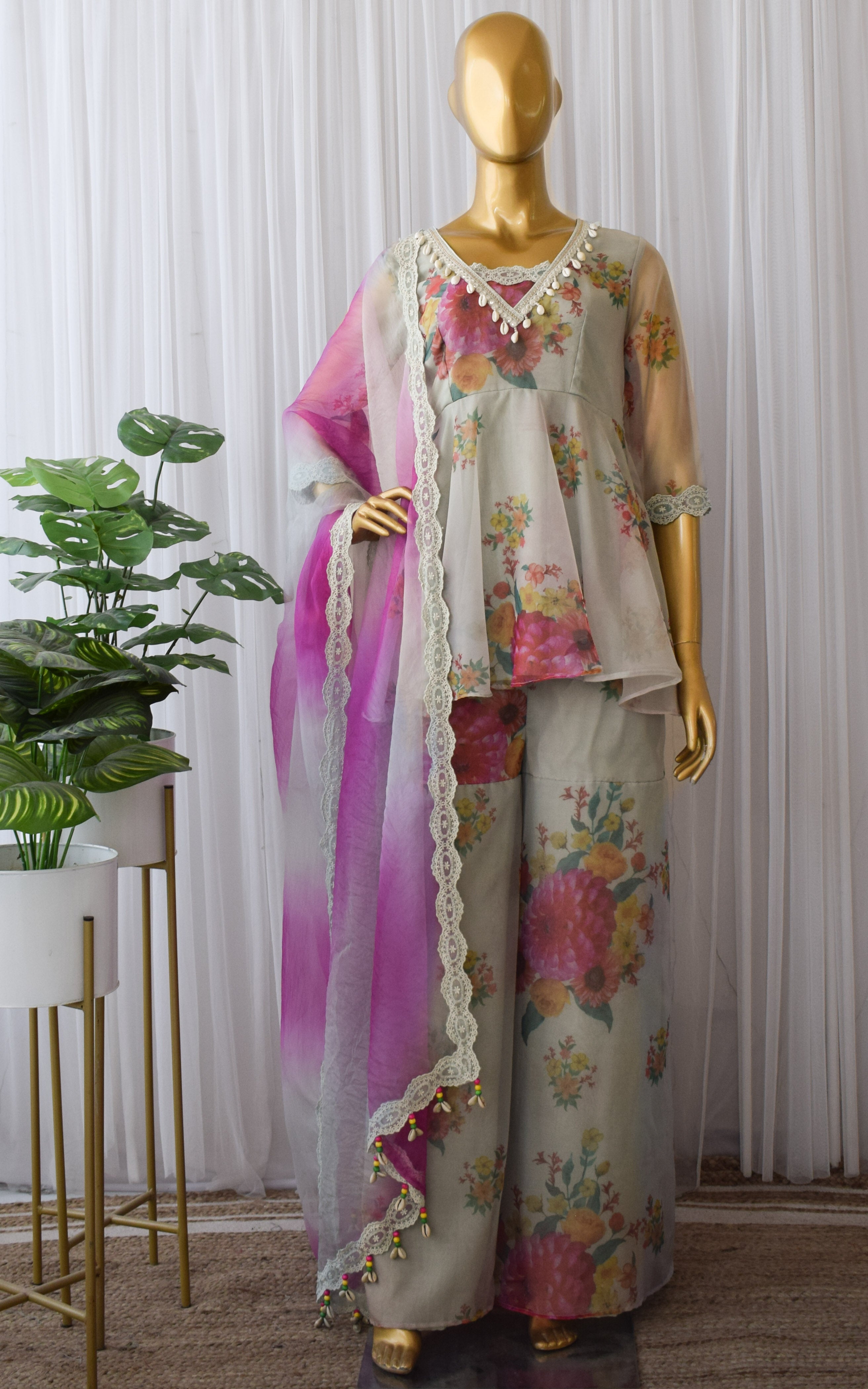 Grey-Pink Floral Organza Sharara Set