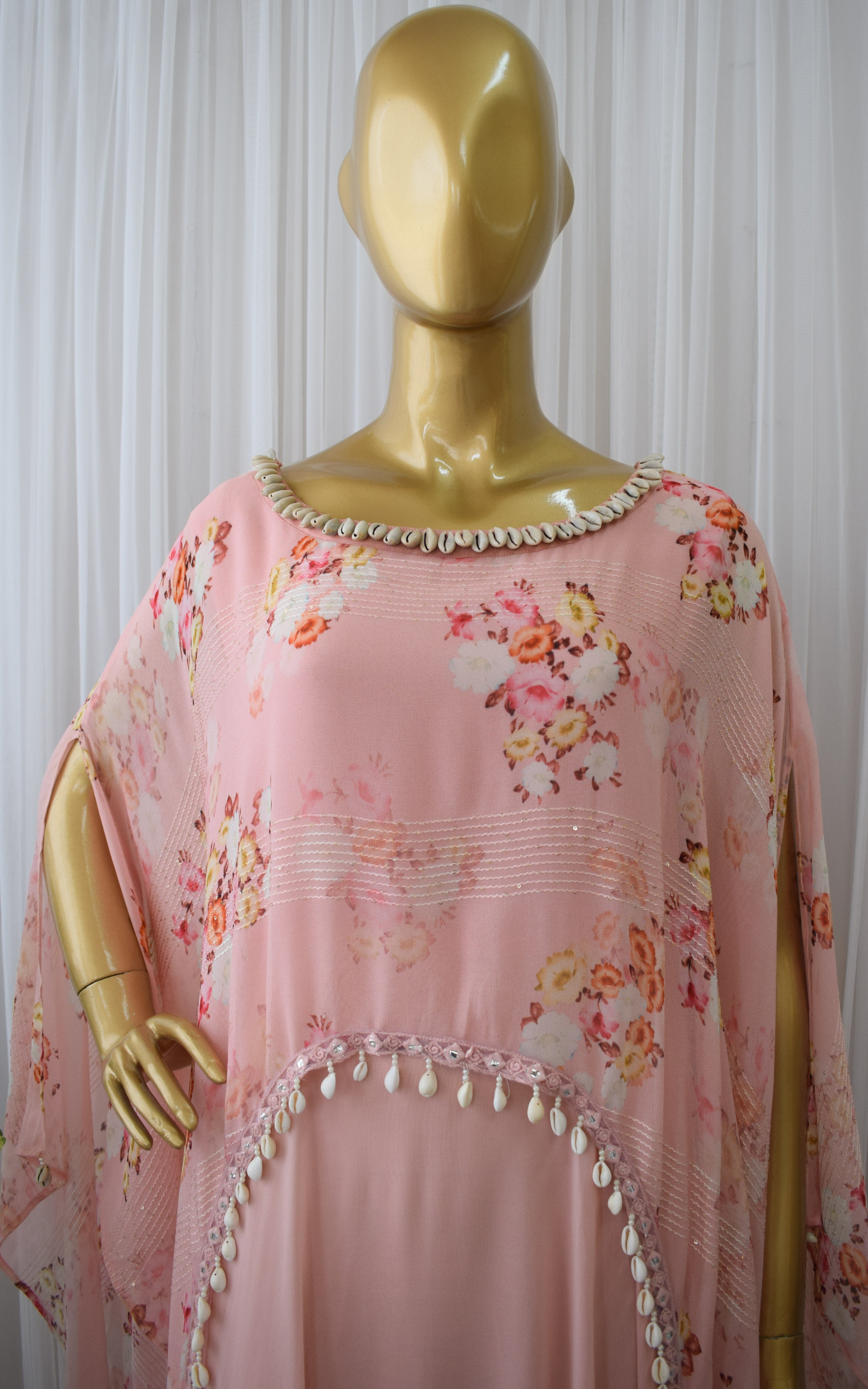 Carnation Pink Printed Georgette Cape Dress