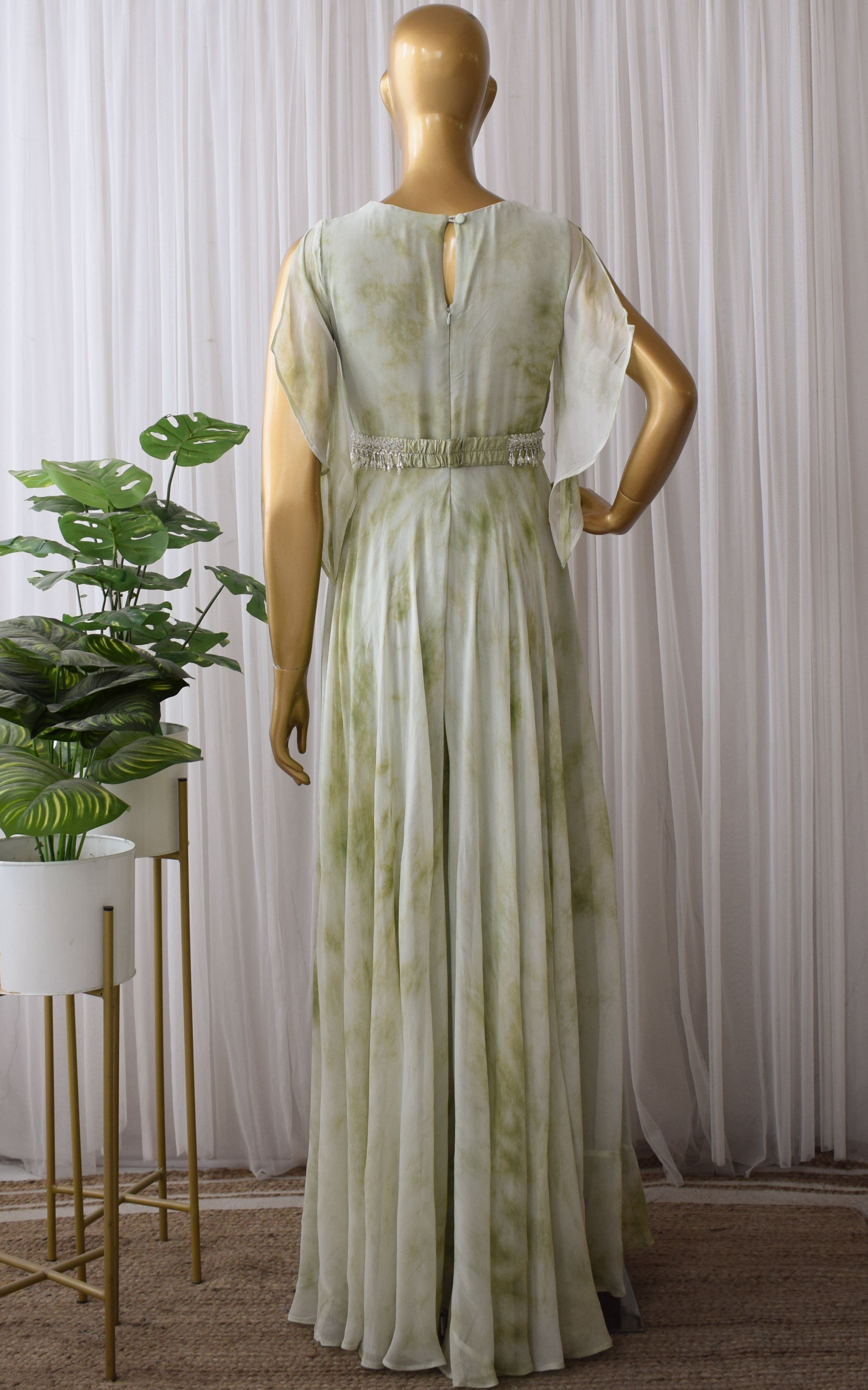 Sage Green Shibori Jumpsuit with Embellished Belt