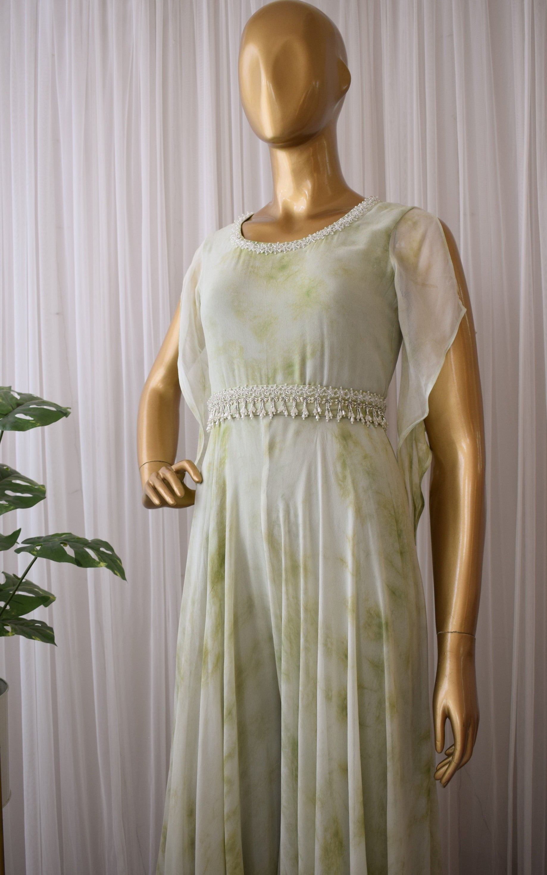 Sage Green Shibori Jumpsuit with Embellished Belt
