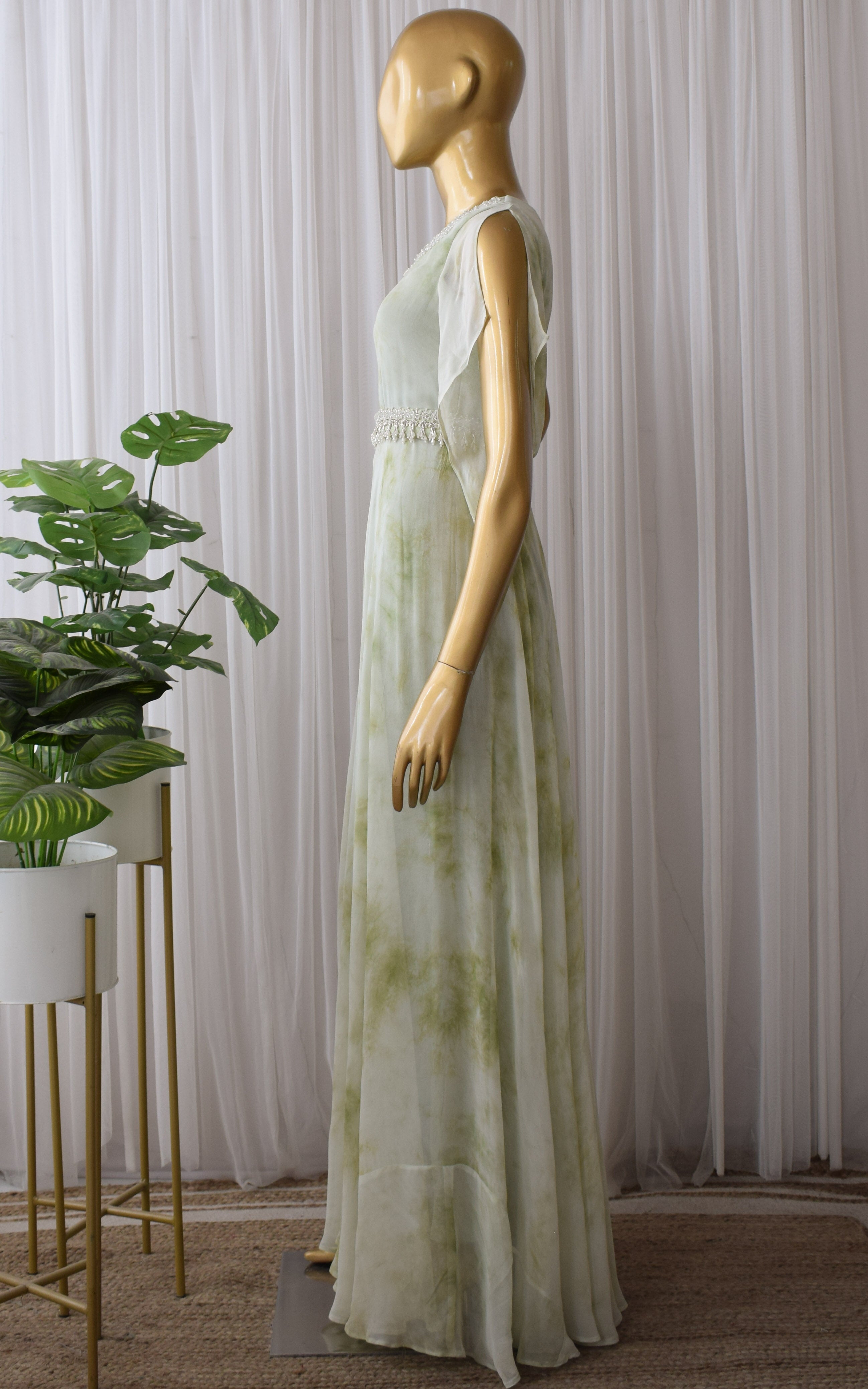 Sage Green Shibori Jumpsuit with Embellished Belt