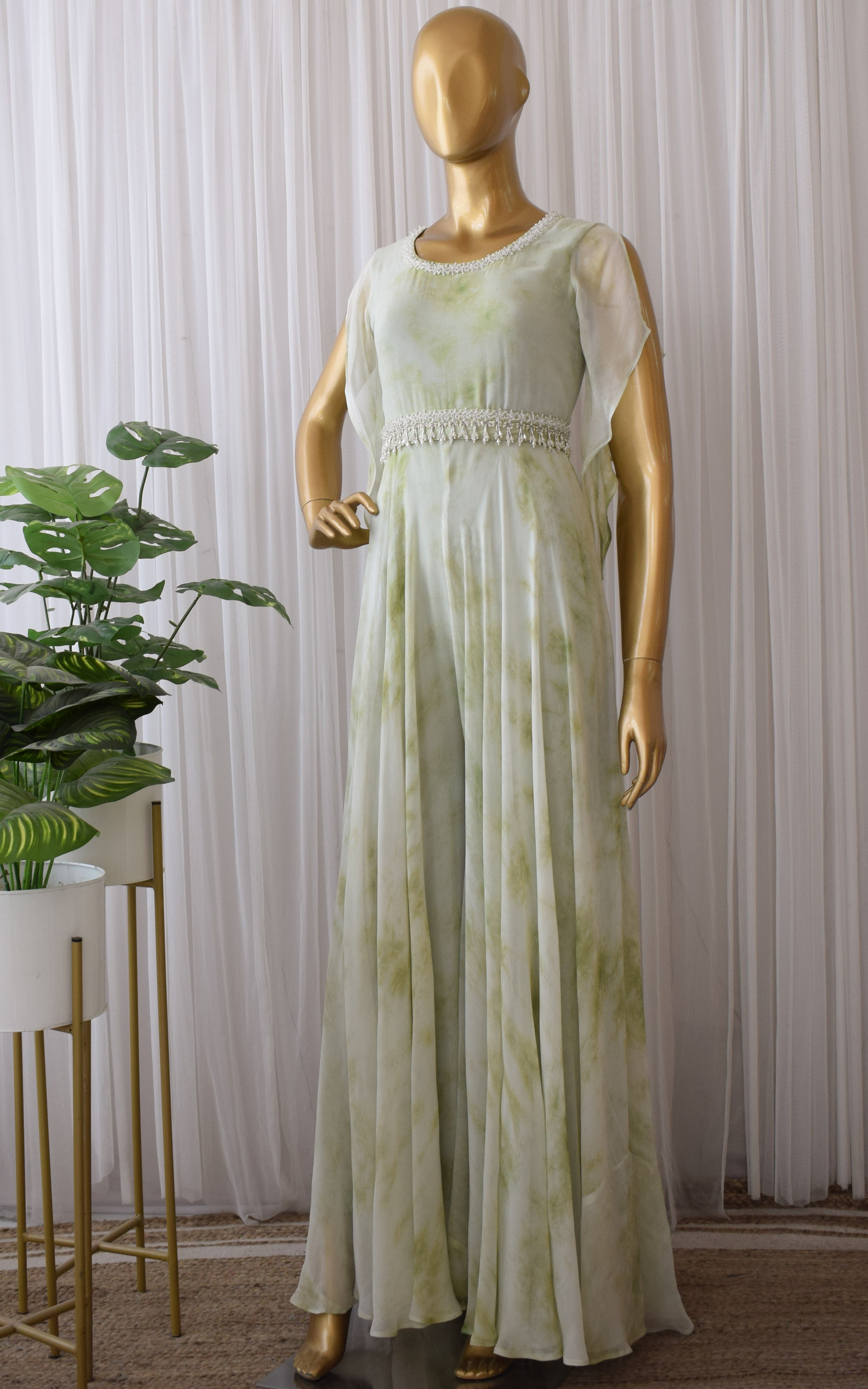 Sage Green Shibori Jumpsuit with Embellished Belt