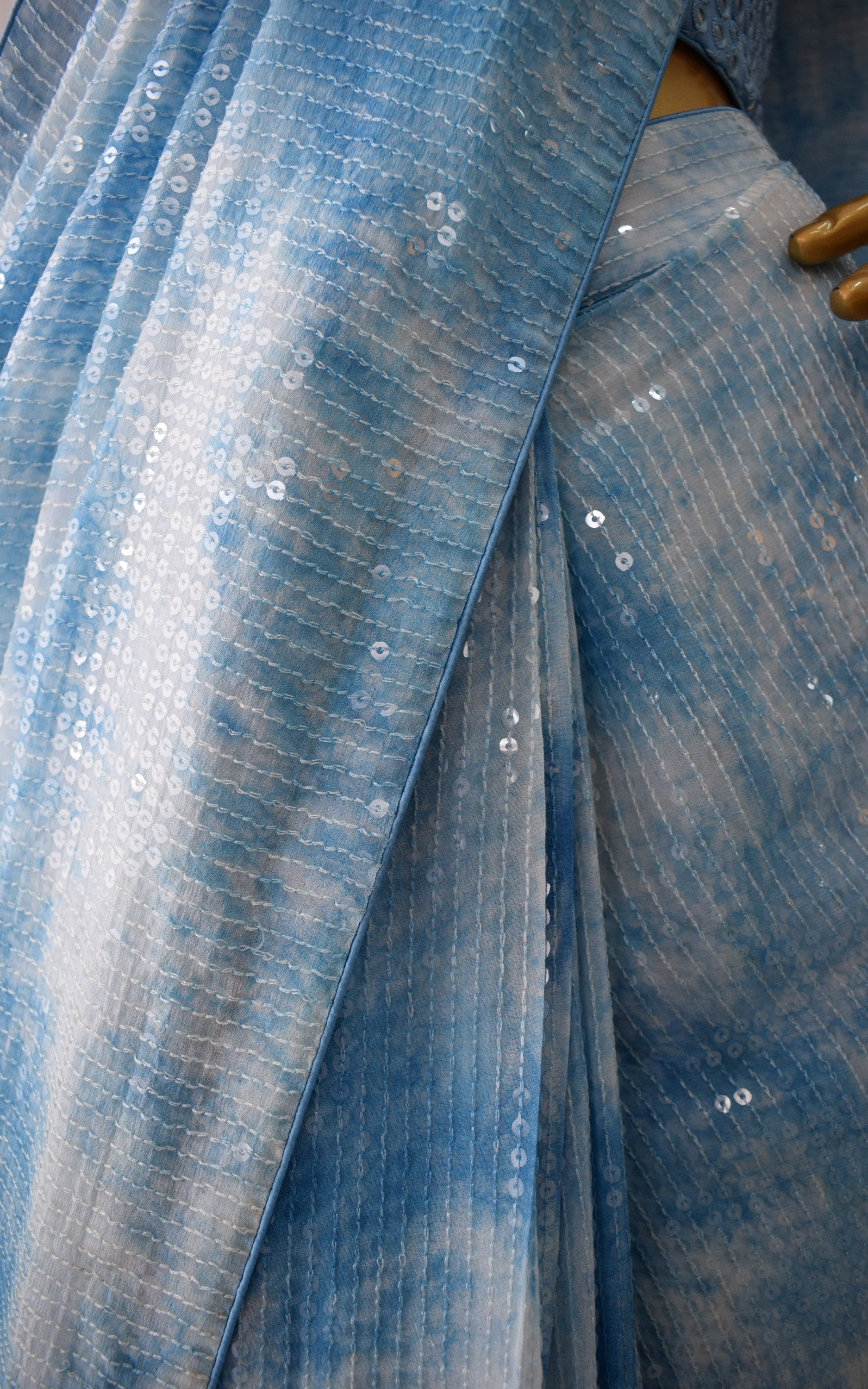 Blue Shibori Sequins Pre-draped Saree with Mirrowork Blouse