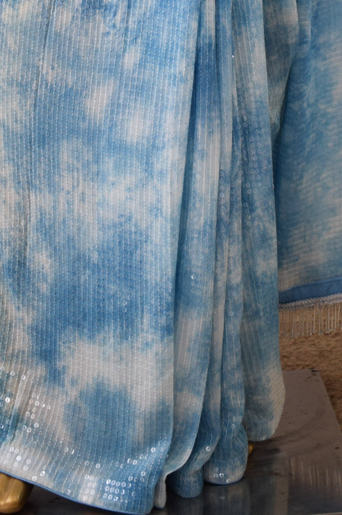 Blue Shibori Sequins Pre-draped Saree with Mirrowork Blouse