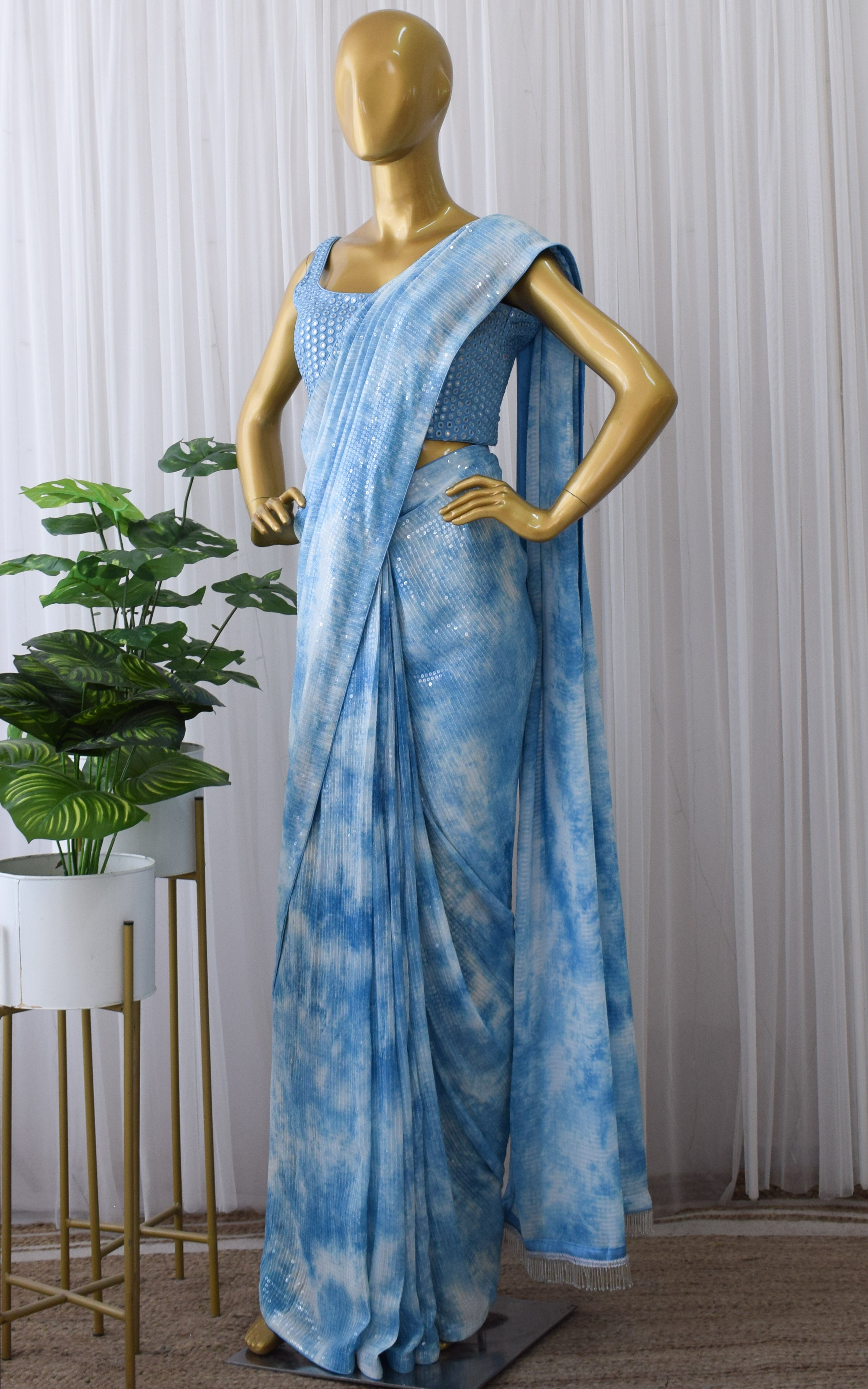 Blue Shibori Sequins Pre-draped Saree with Mirrowork Blouse