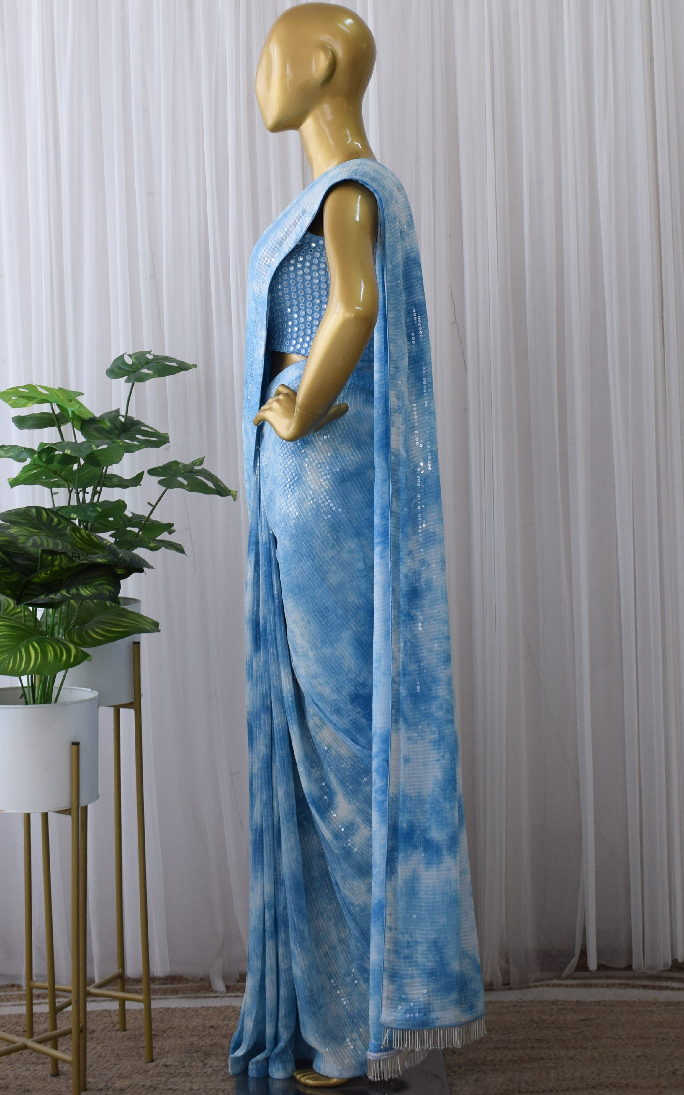Blue Shibori Sequins Pre-draped Saree with Mirrowork Blouse