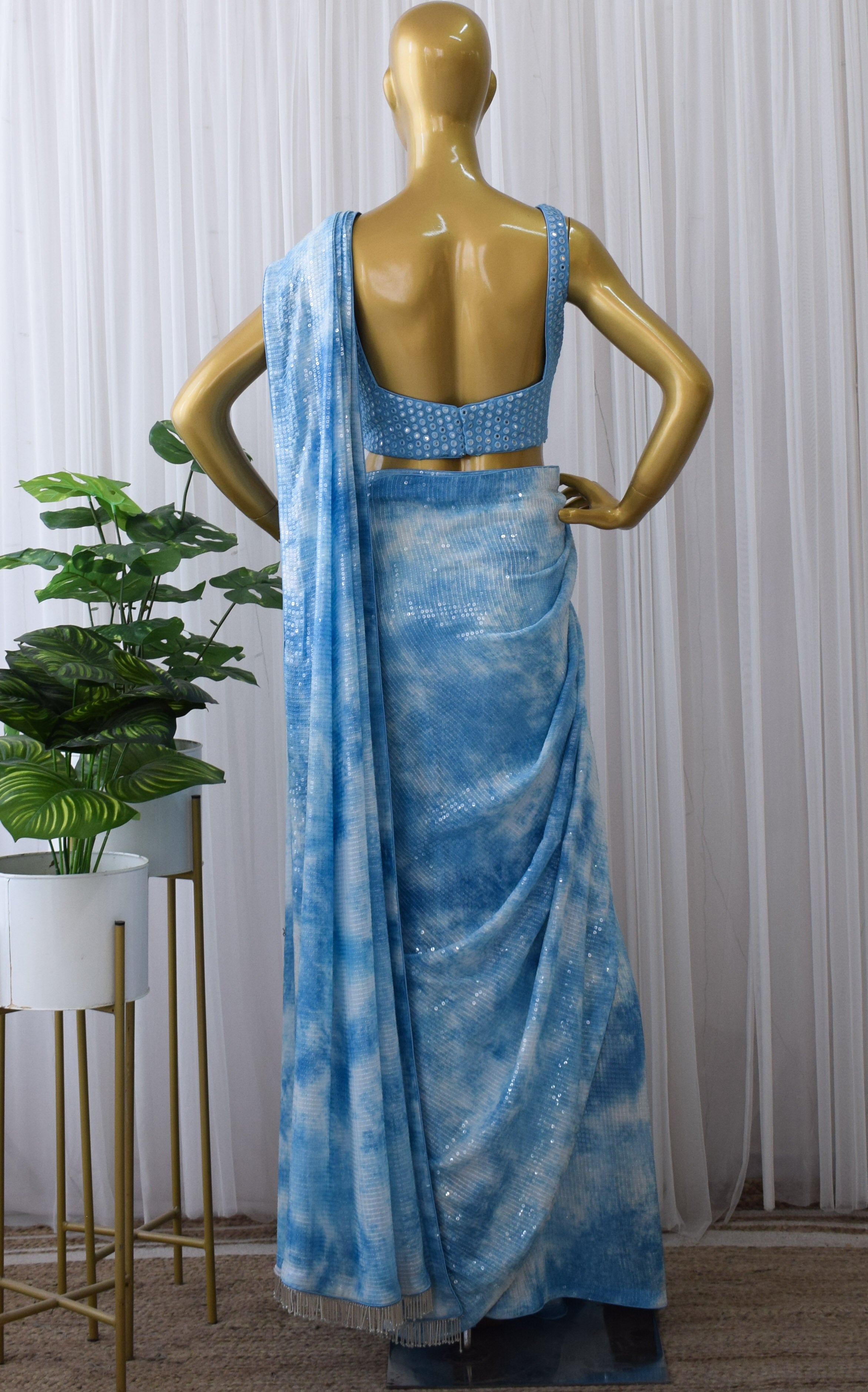 Blue Shibori Sequins Pre-draped Saree with Mirrowork Blouse