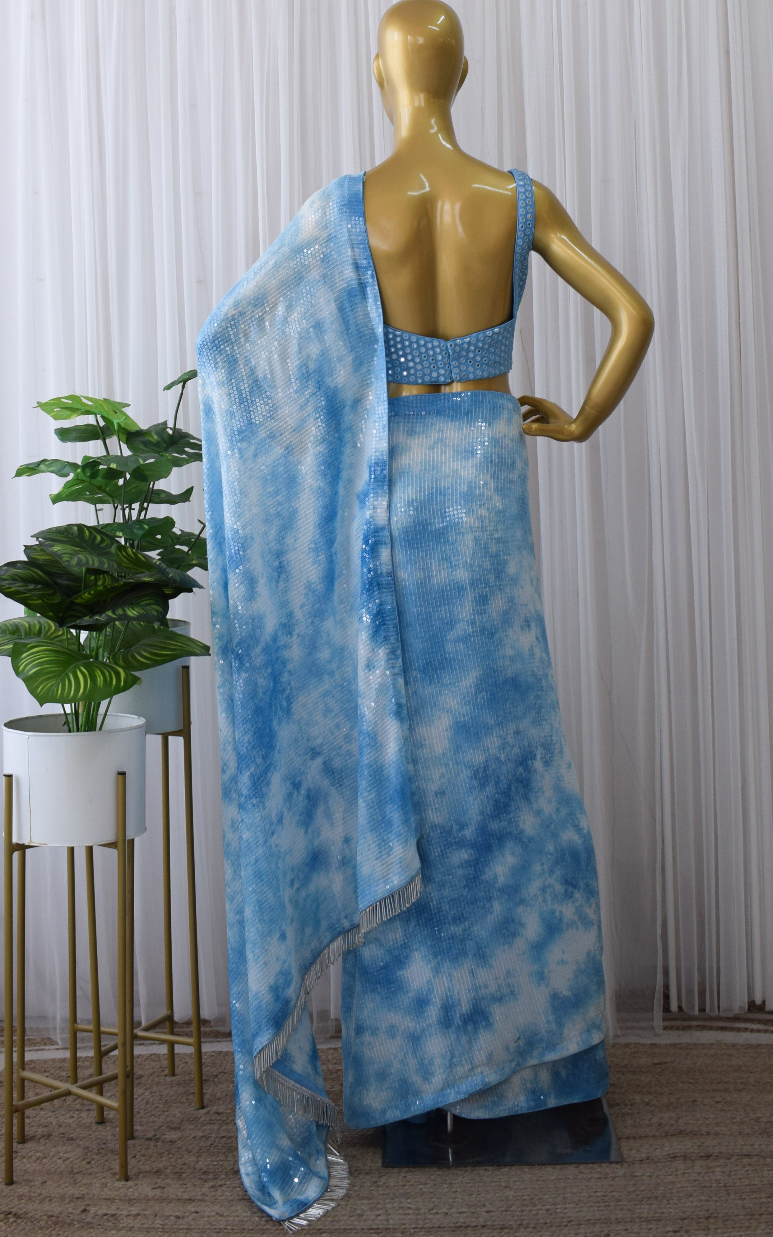 Blue Shibori Sequins Pre-draped Saree with Mirrowork Blouse