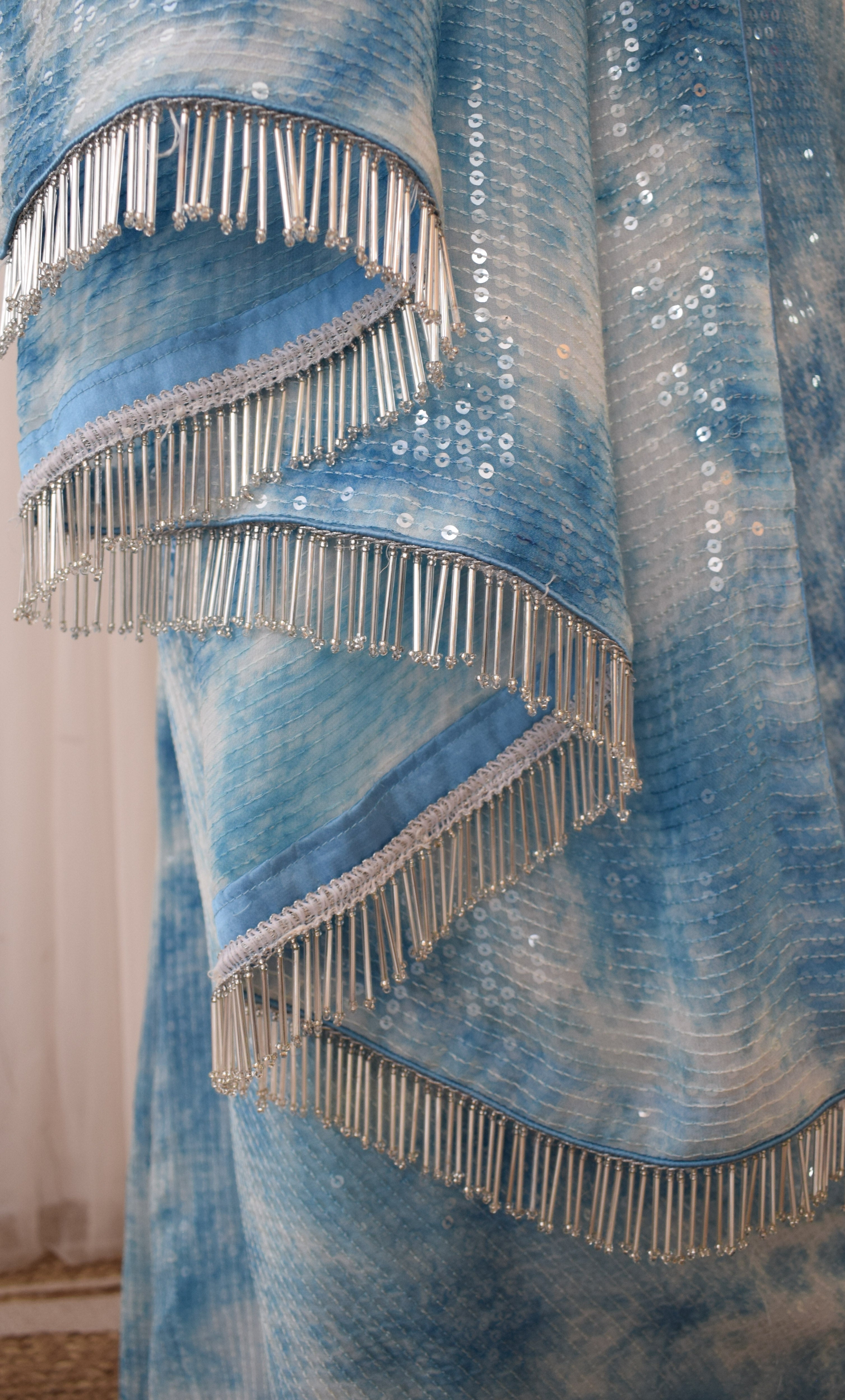 Blue Shibori Sequins Pre-draped Saree with Mirrowork Blouse