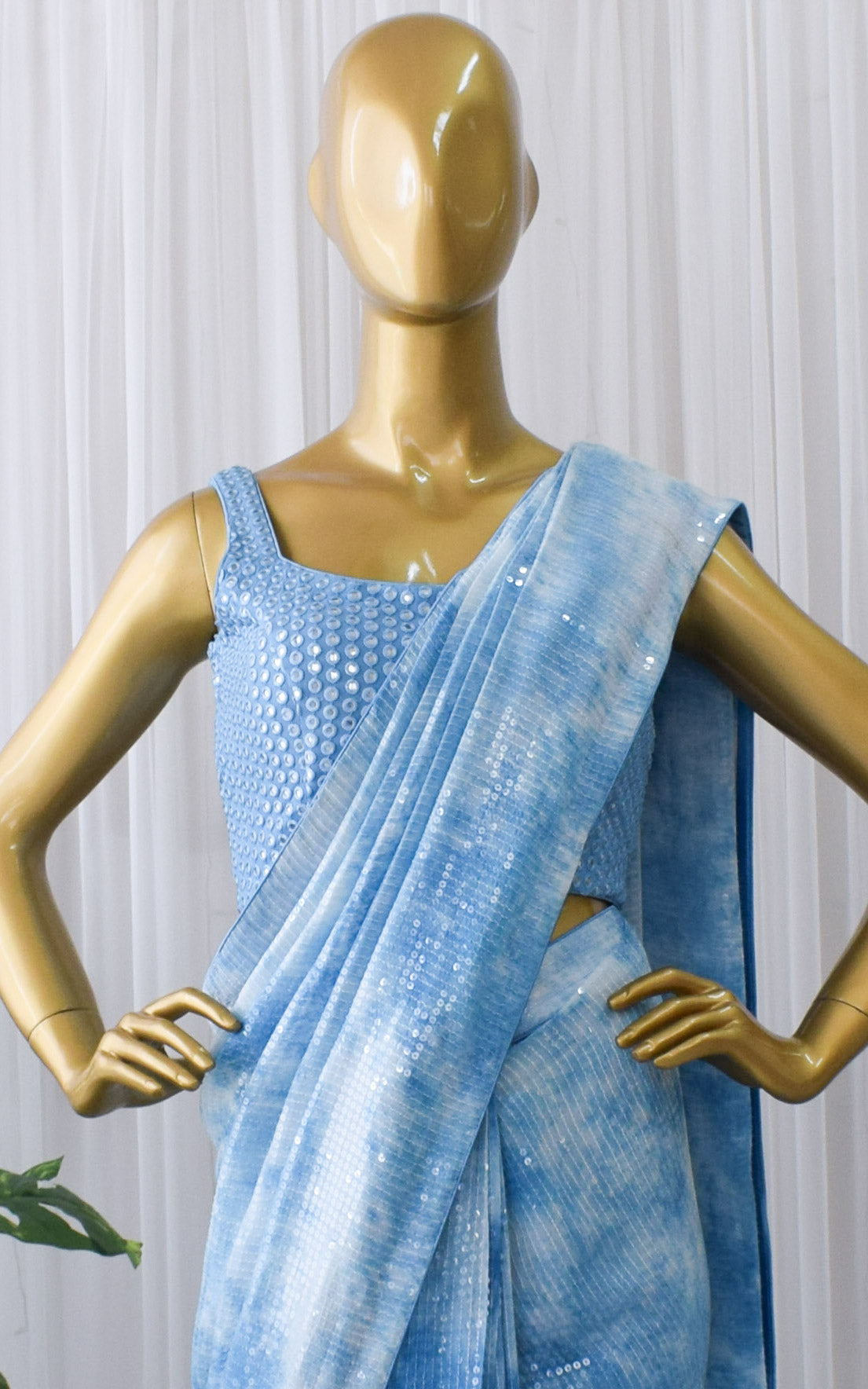 Blue Shibori Sequins Pre-draped Saree with Mirrowork Blouse