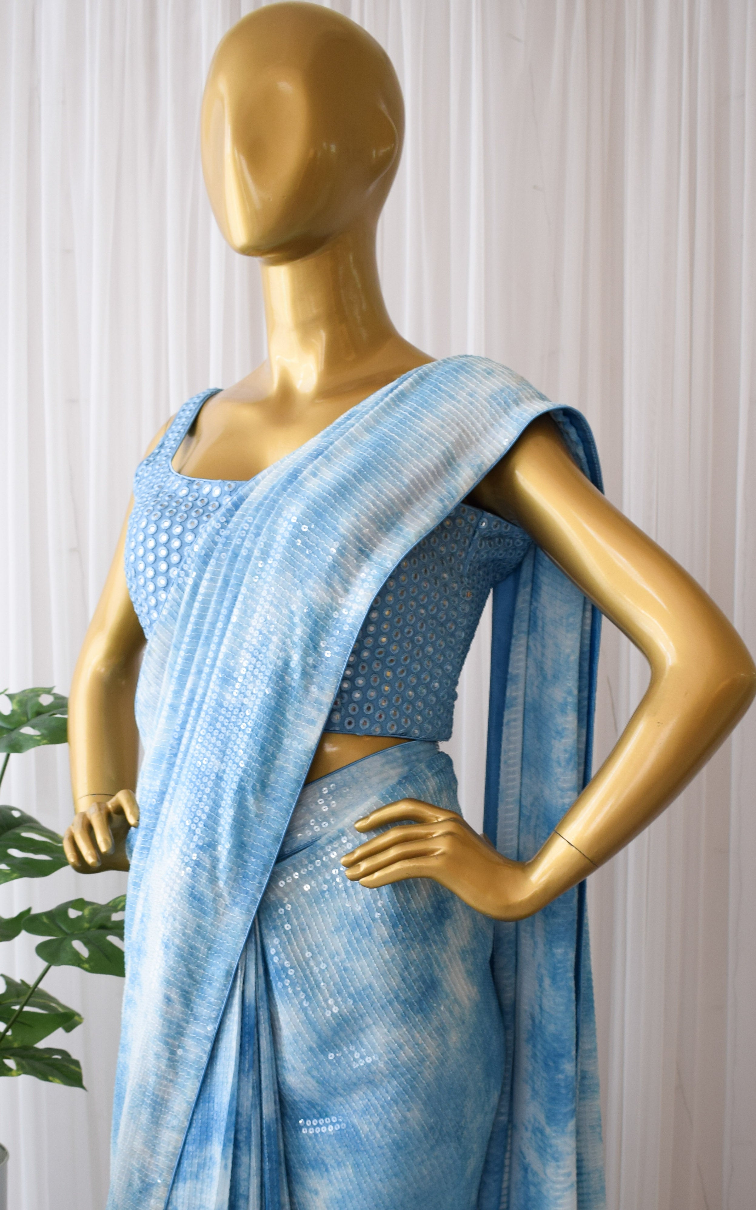 Blue Shibori Sequins Pre-draped Saree with Mirrowork Blouse