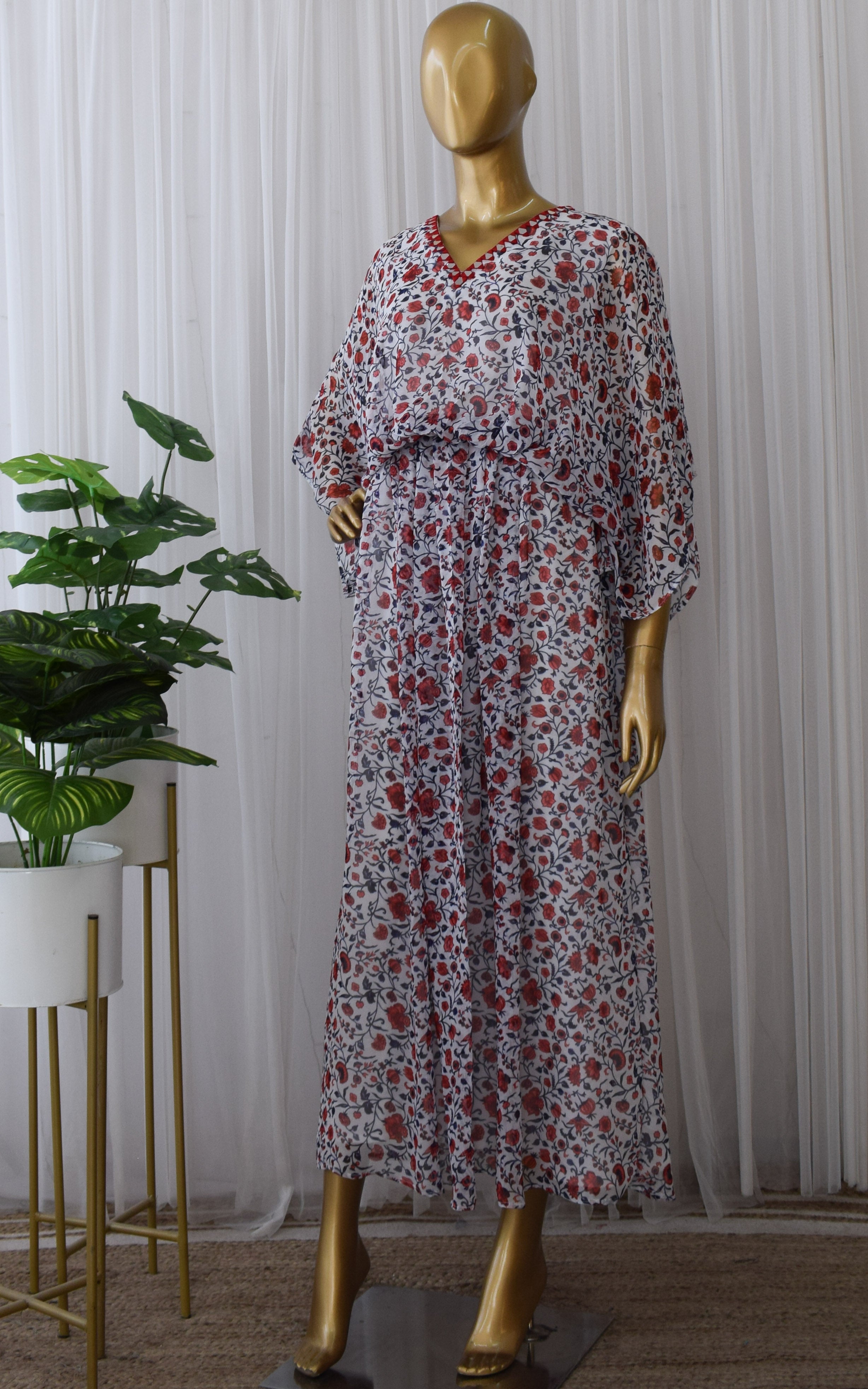 Red & White Floral Printed Georgette Kaftan Dress