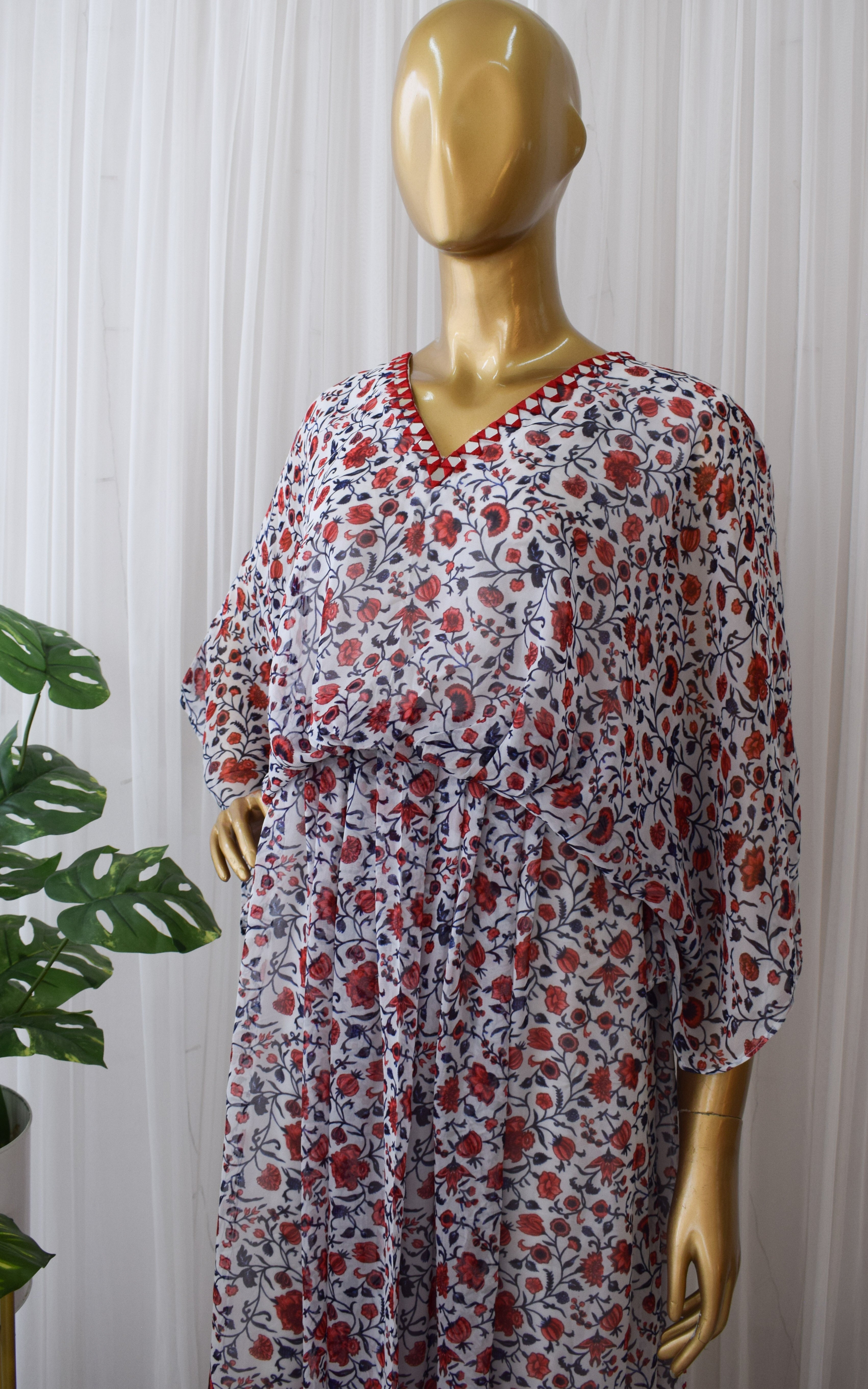 Red & White Floral Printed Georgette Kaftan Dress