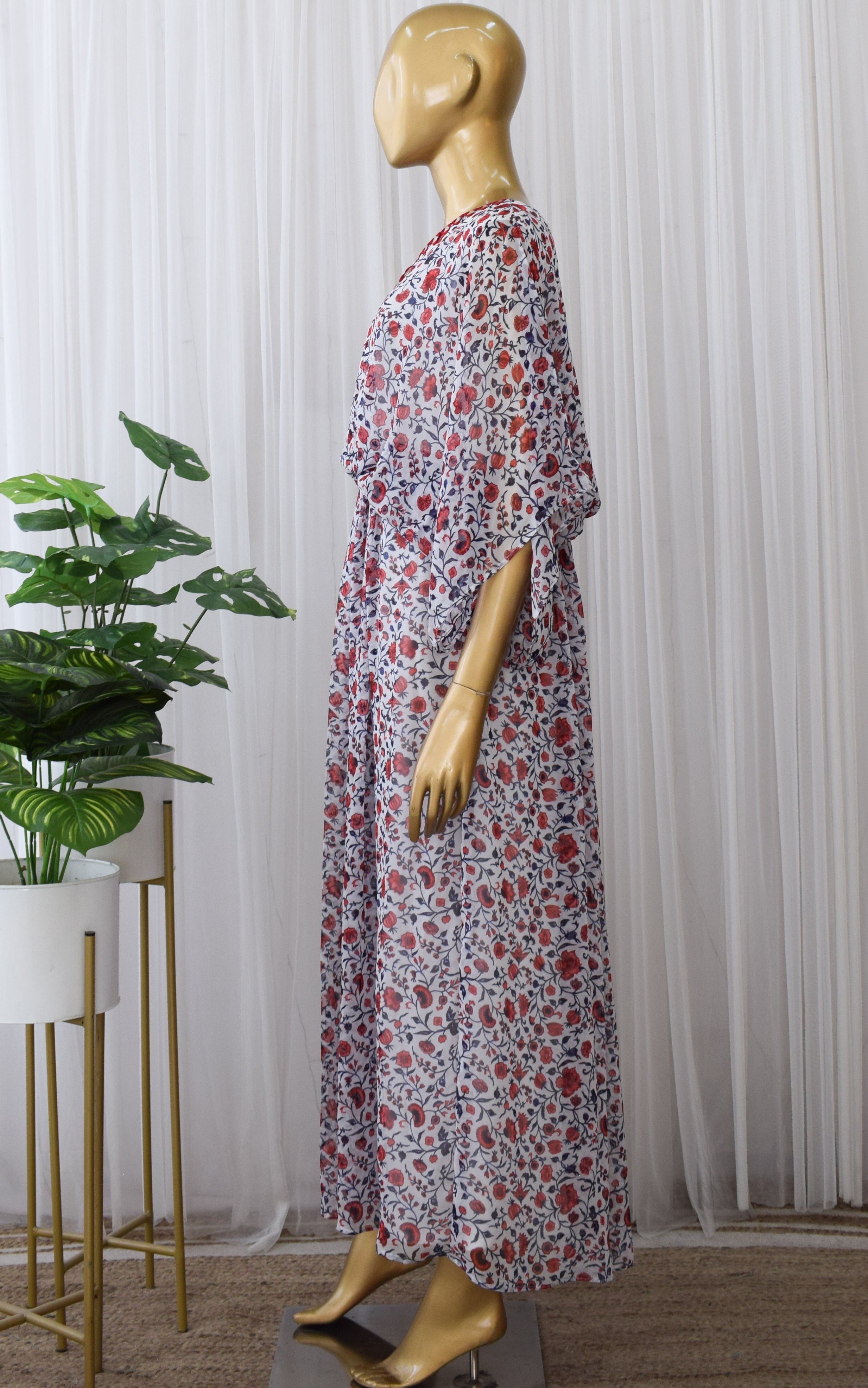 Red & White Floral Printed Georgette Kaftan Dress