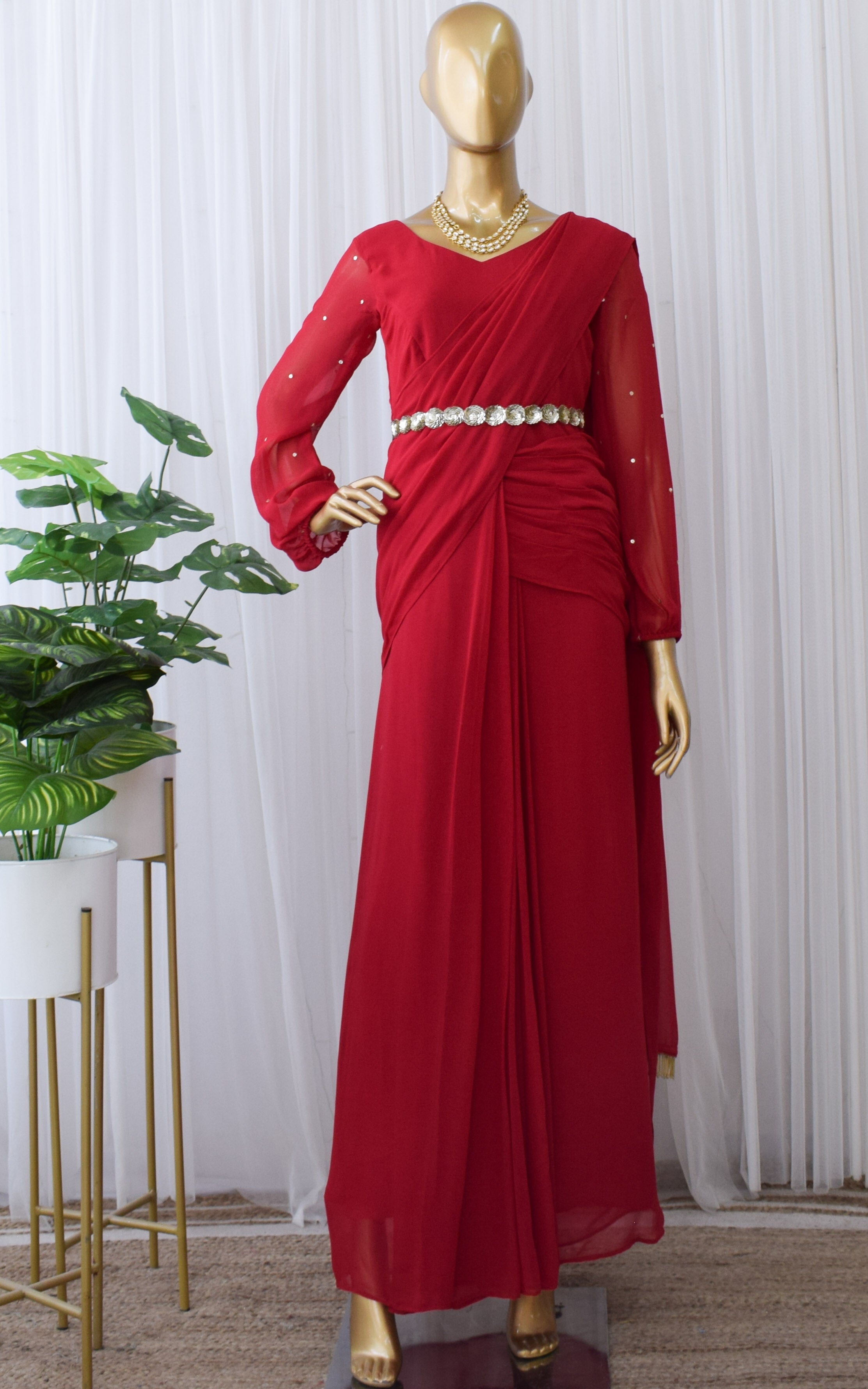 Red Draped Saree Style Indo Western Gown Designer Couture 168GW11