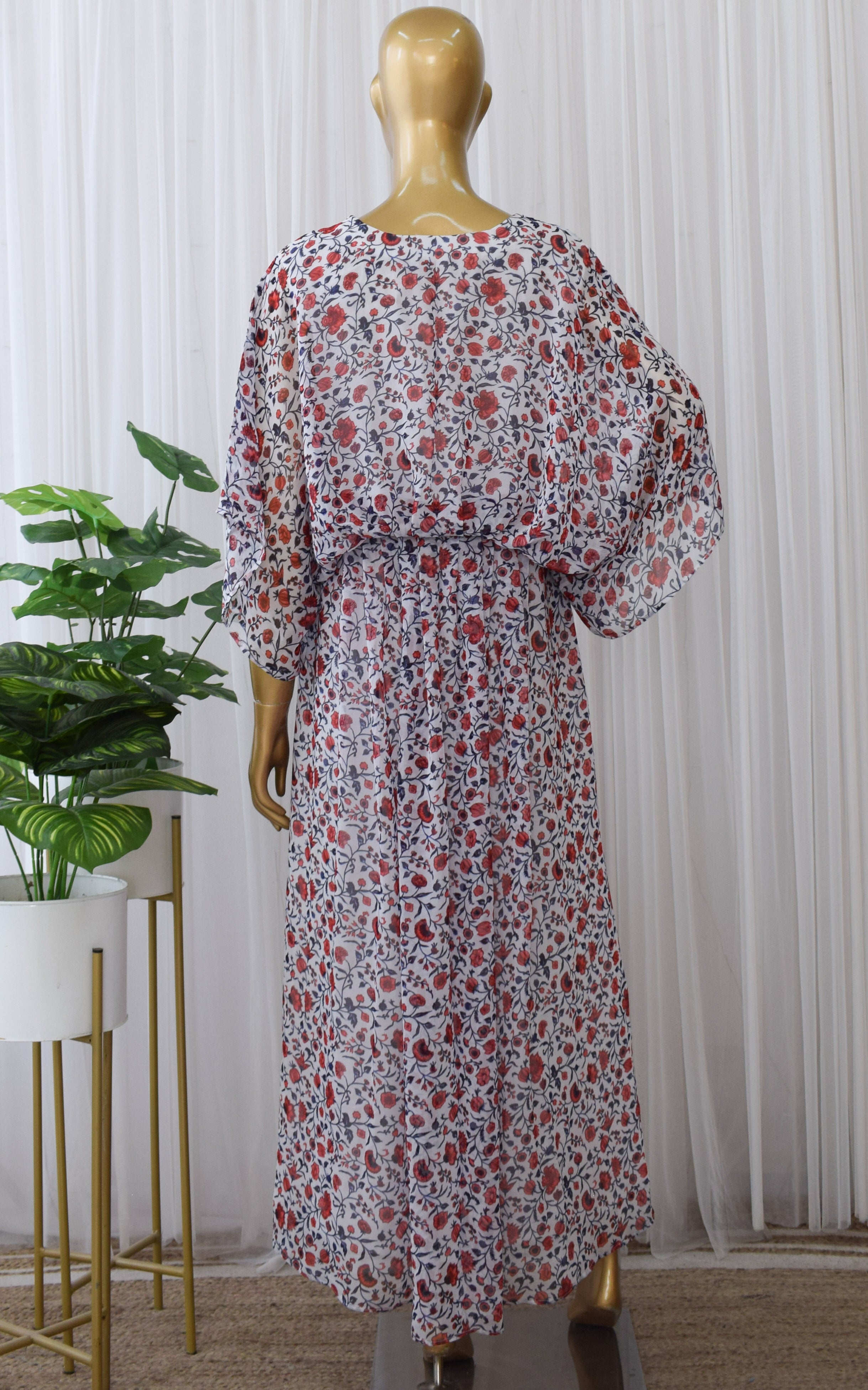 Red & White Floral Printed Georgette Kaftan Dress