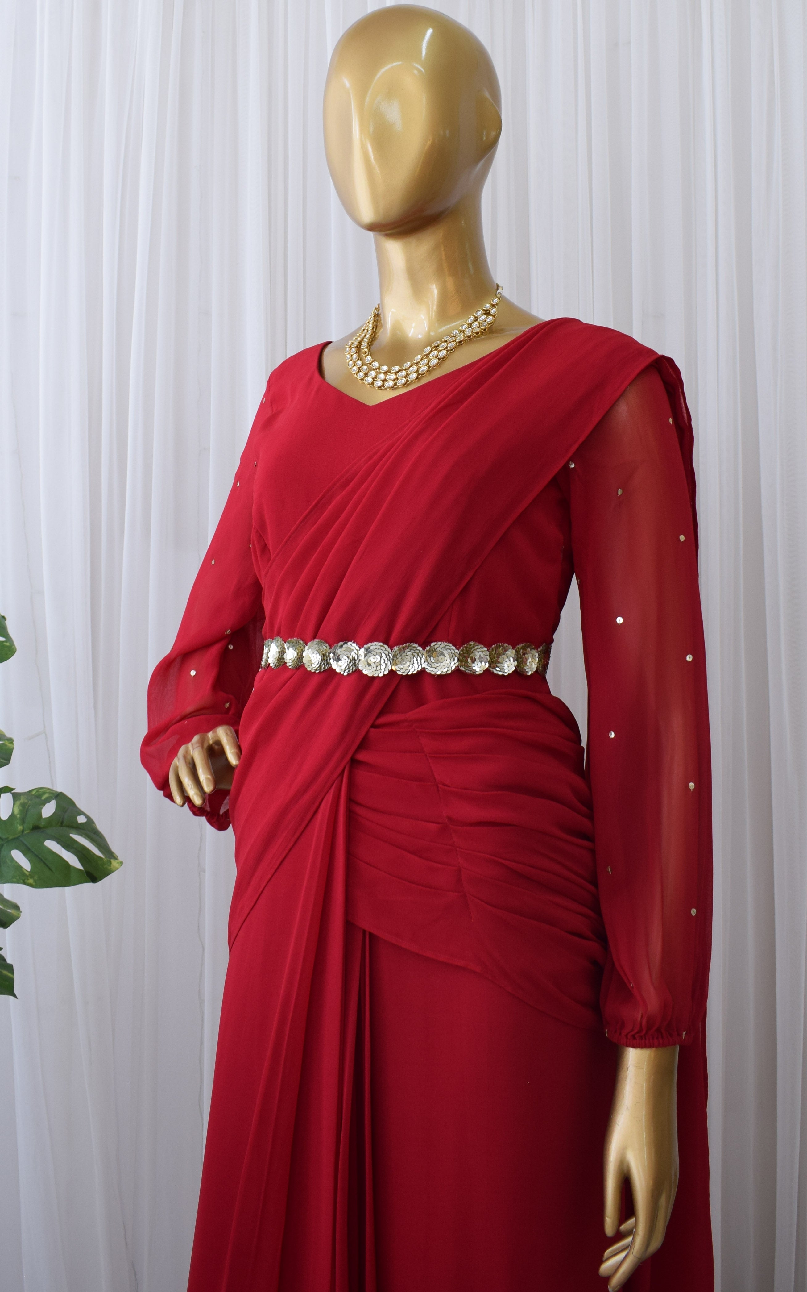 Ruby Red Pre-draped Saree Dress