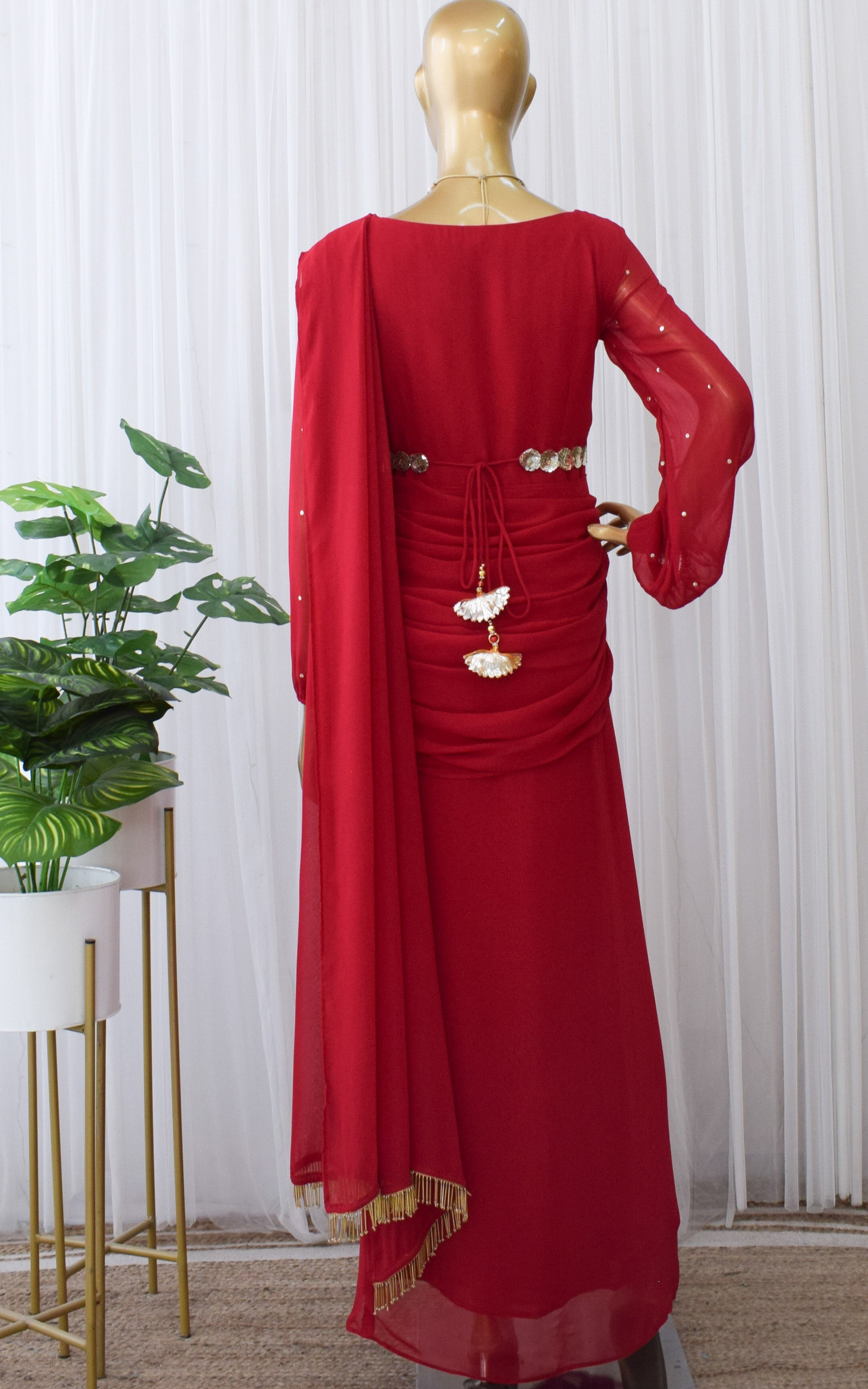 Ruby Red Pre-draped Saree Dress