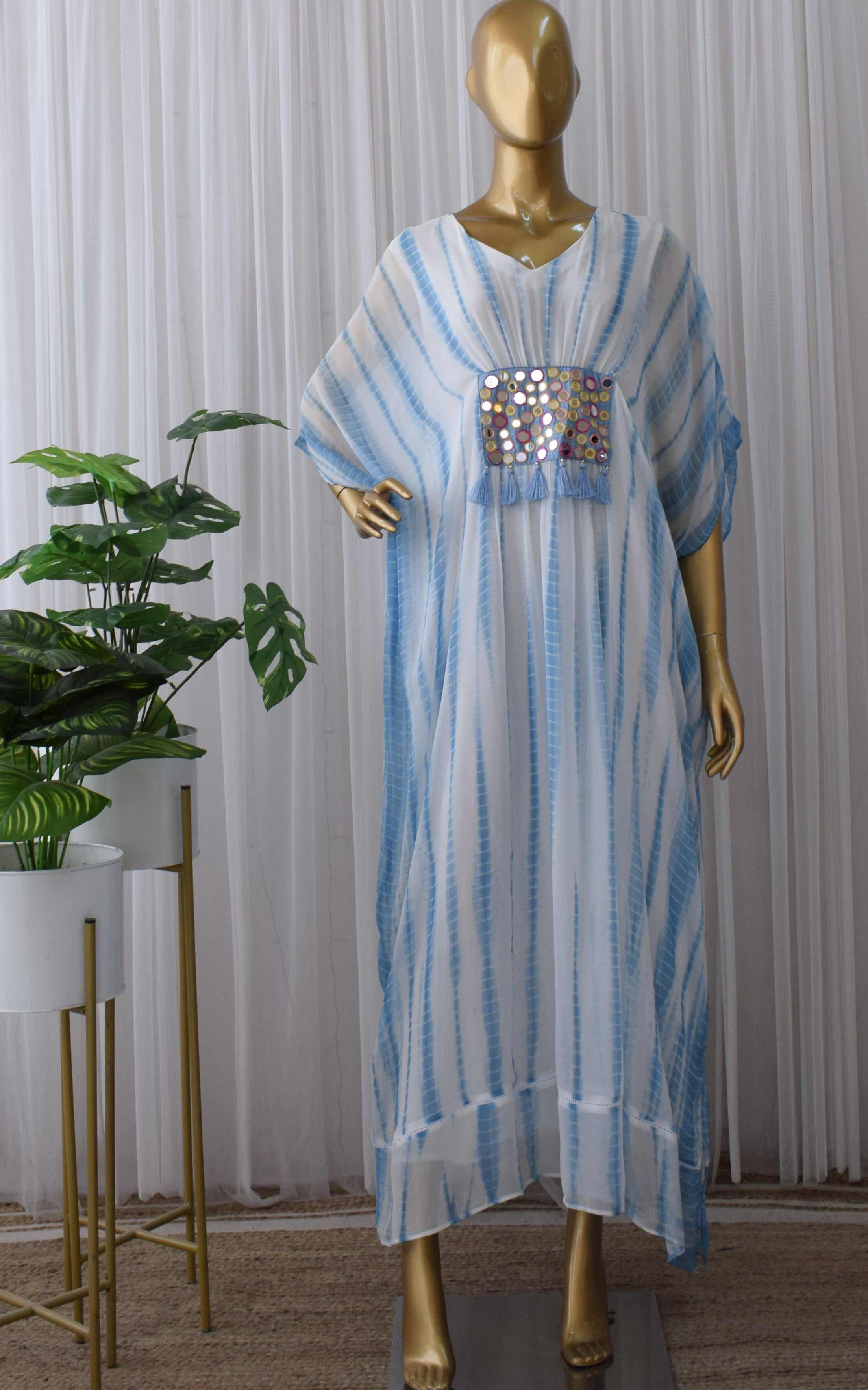 Blue Mirror Embellished Shibori Kaftan Dress