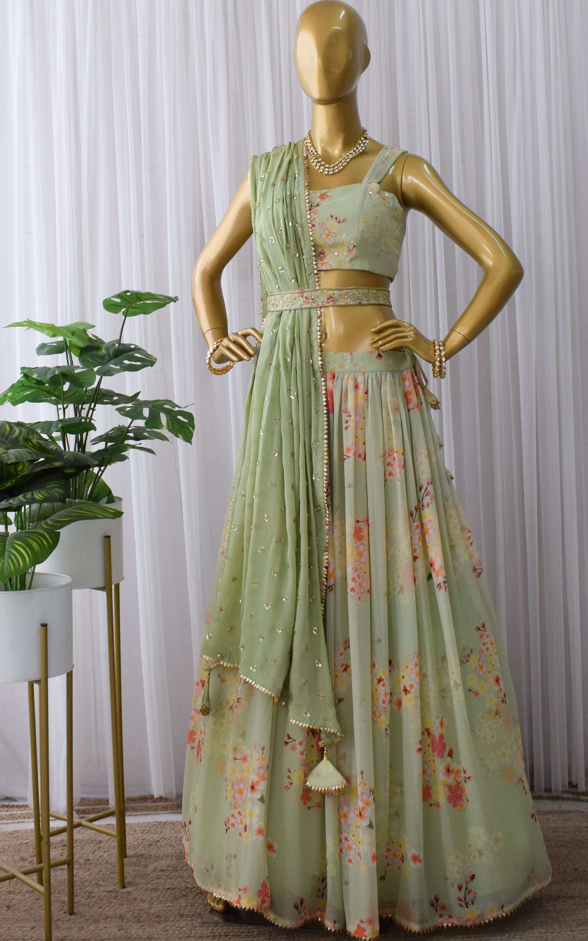 Light Green Printed Georgette Handwork Lehenga