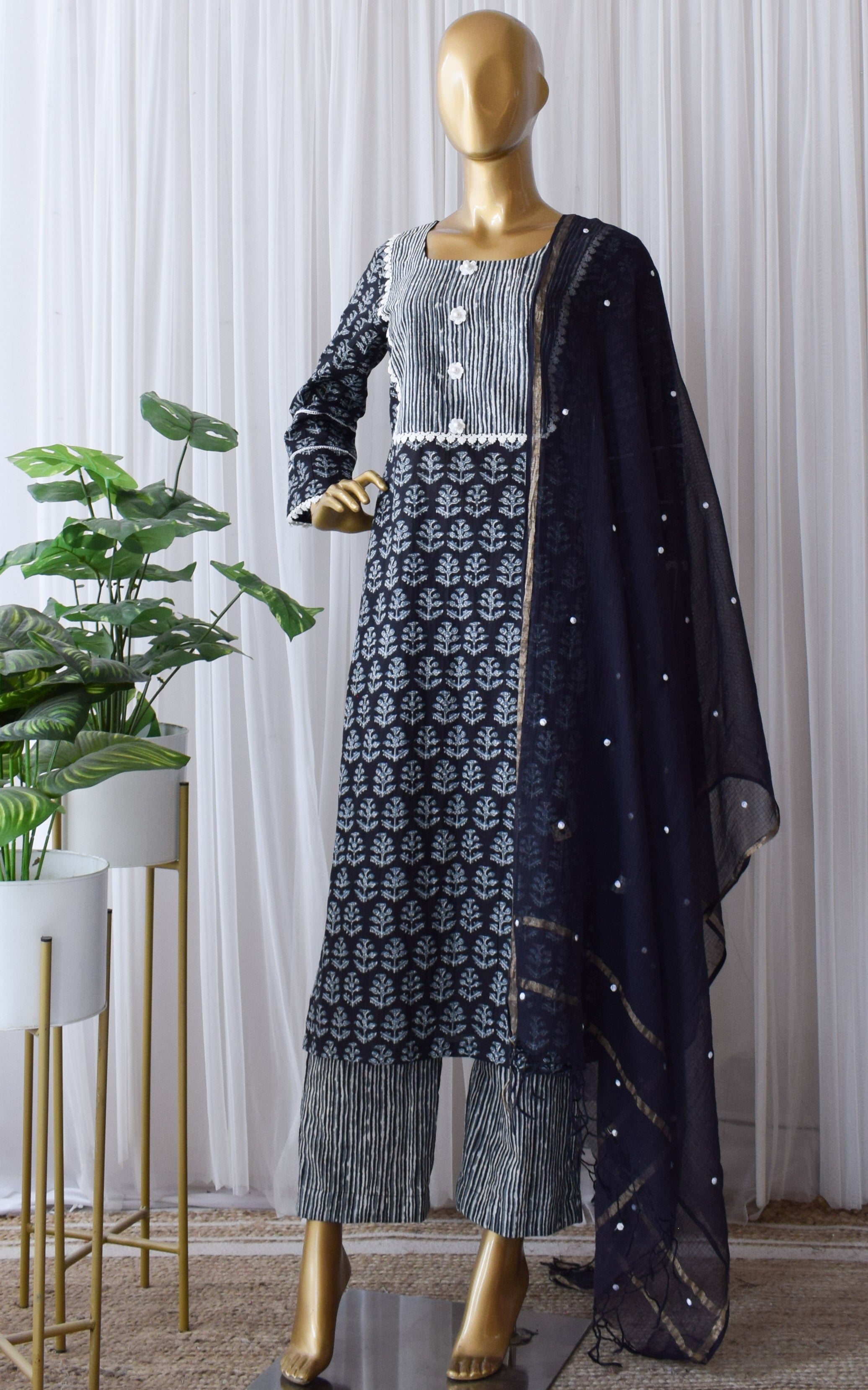 Black Block Print Kurta Set