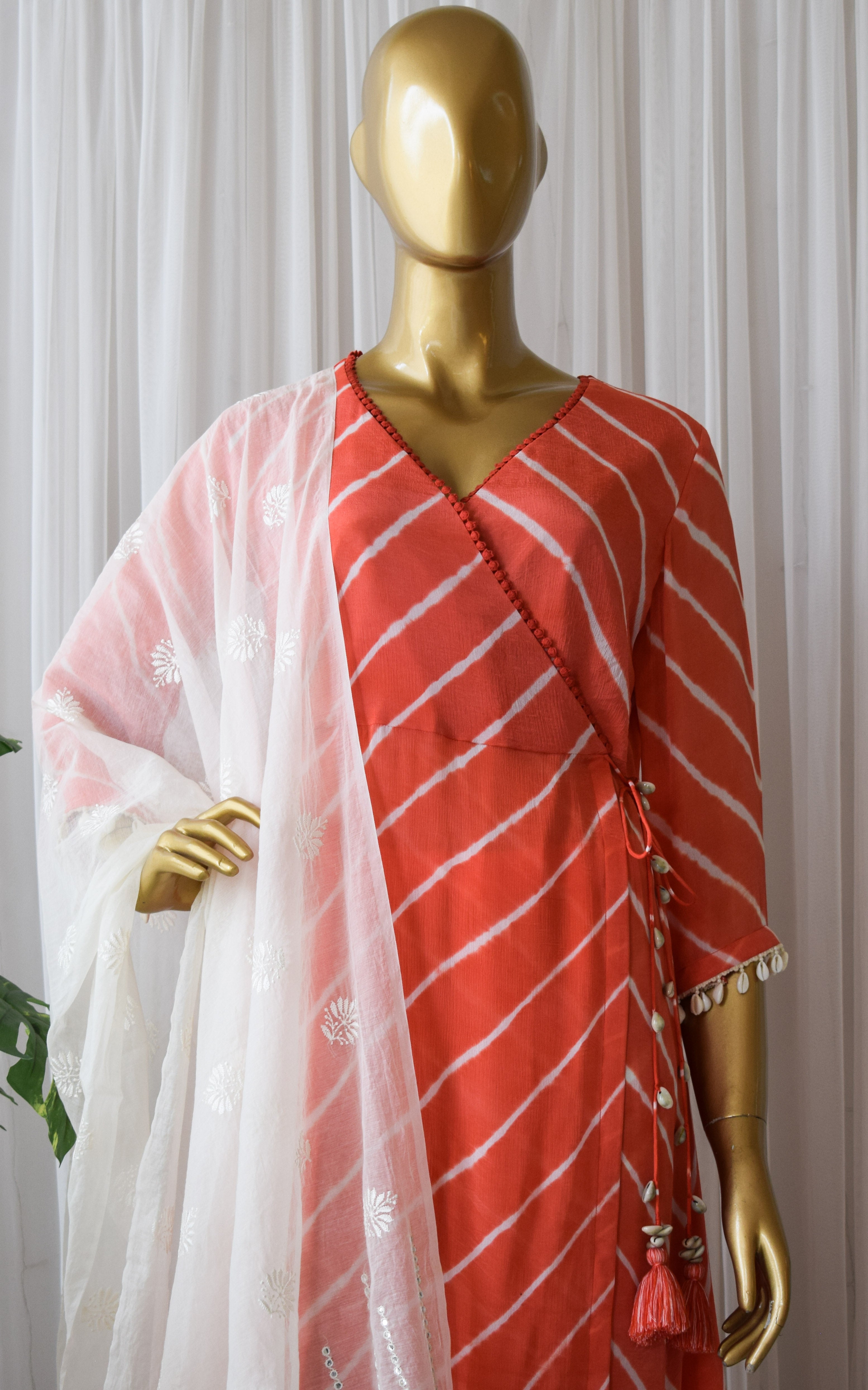 Tomato Red Leheriya Anarkali Kurta & Pant Set