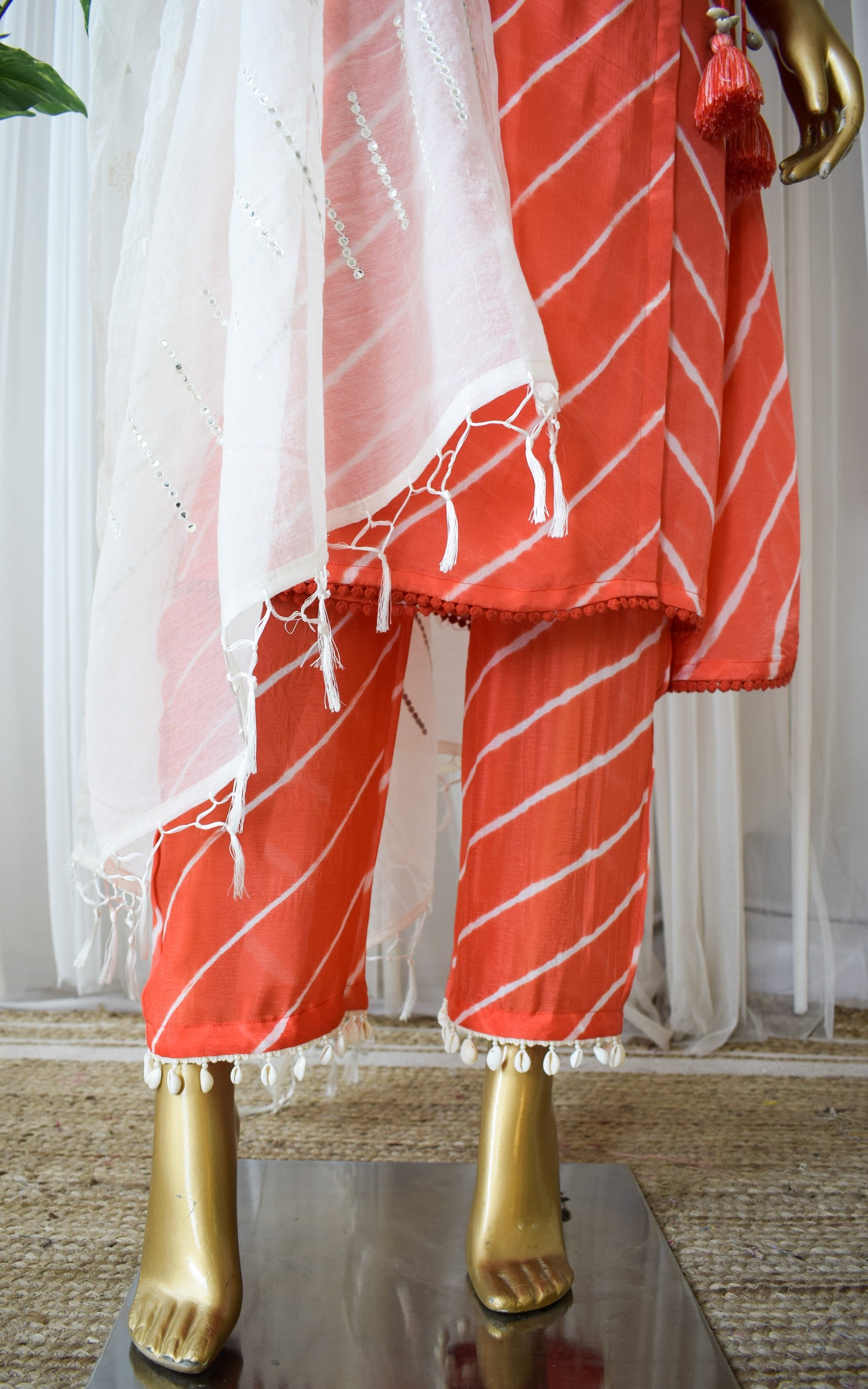Tomato Red Leheriya Anarkali Kurta & Pant Set