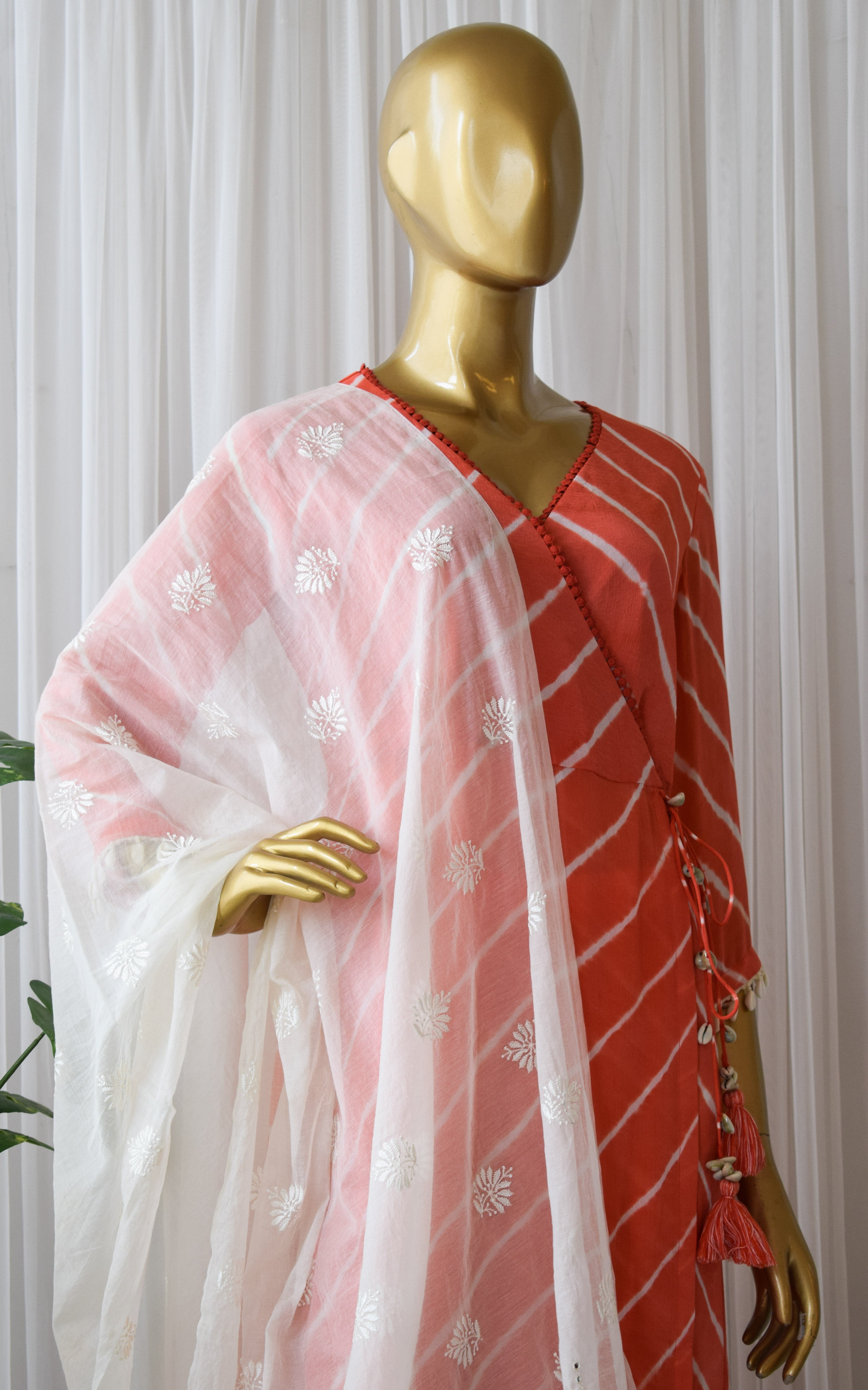 Tomato Red Leheriya Anarkali Kurta & Pant Set