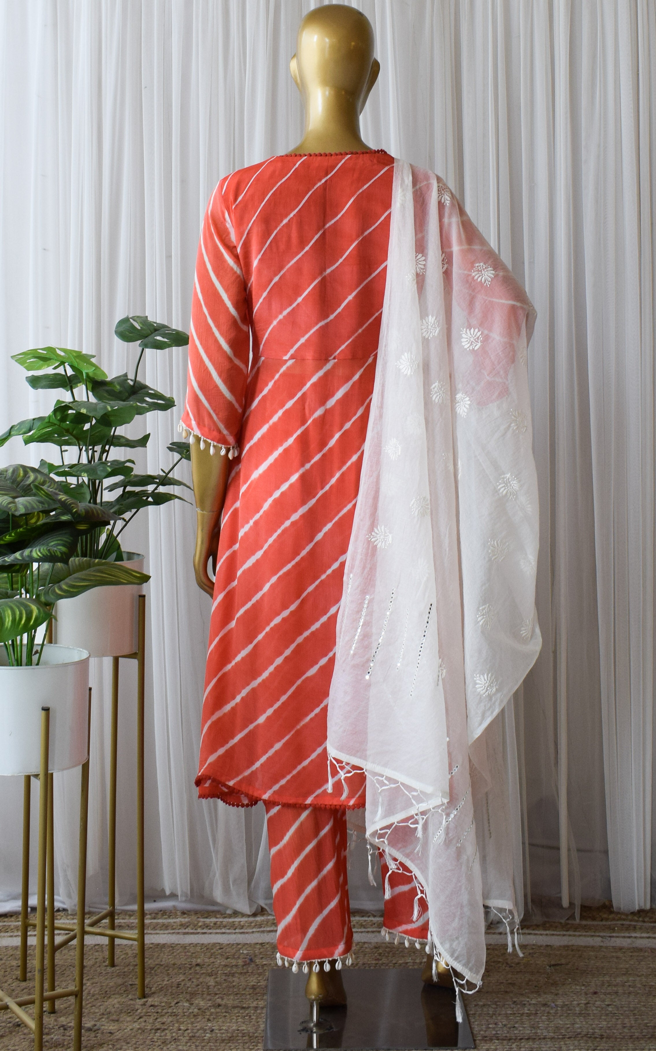 Tomato Red Leheriya Anarkali Kurta & Pant Set