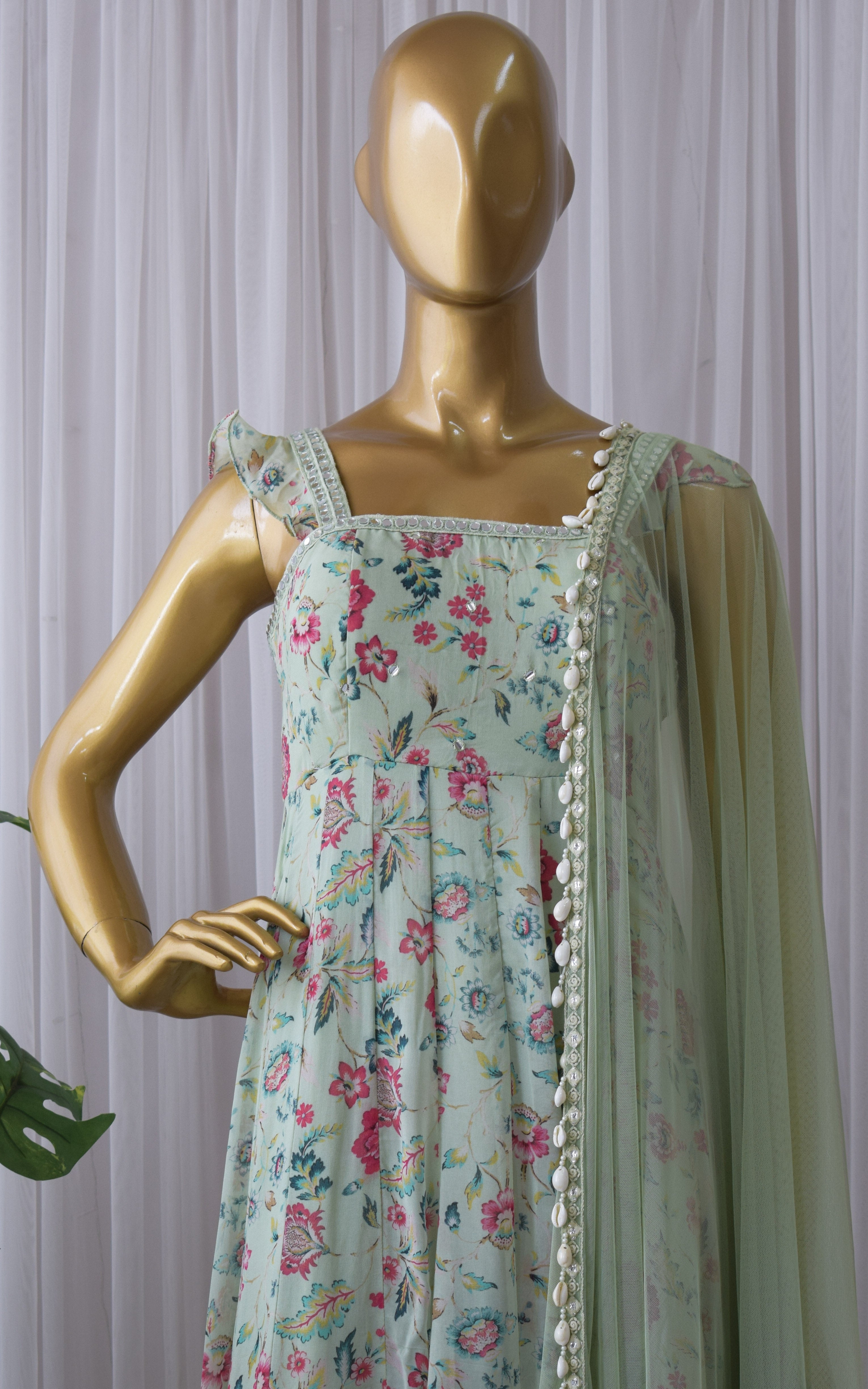 Riya Nagpal Laurel Green Floral Printed Georgette Mirrorwork Anarkali
