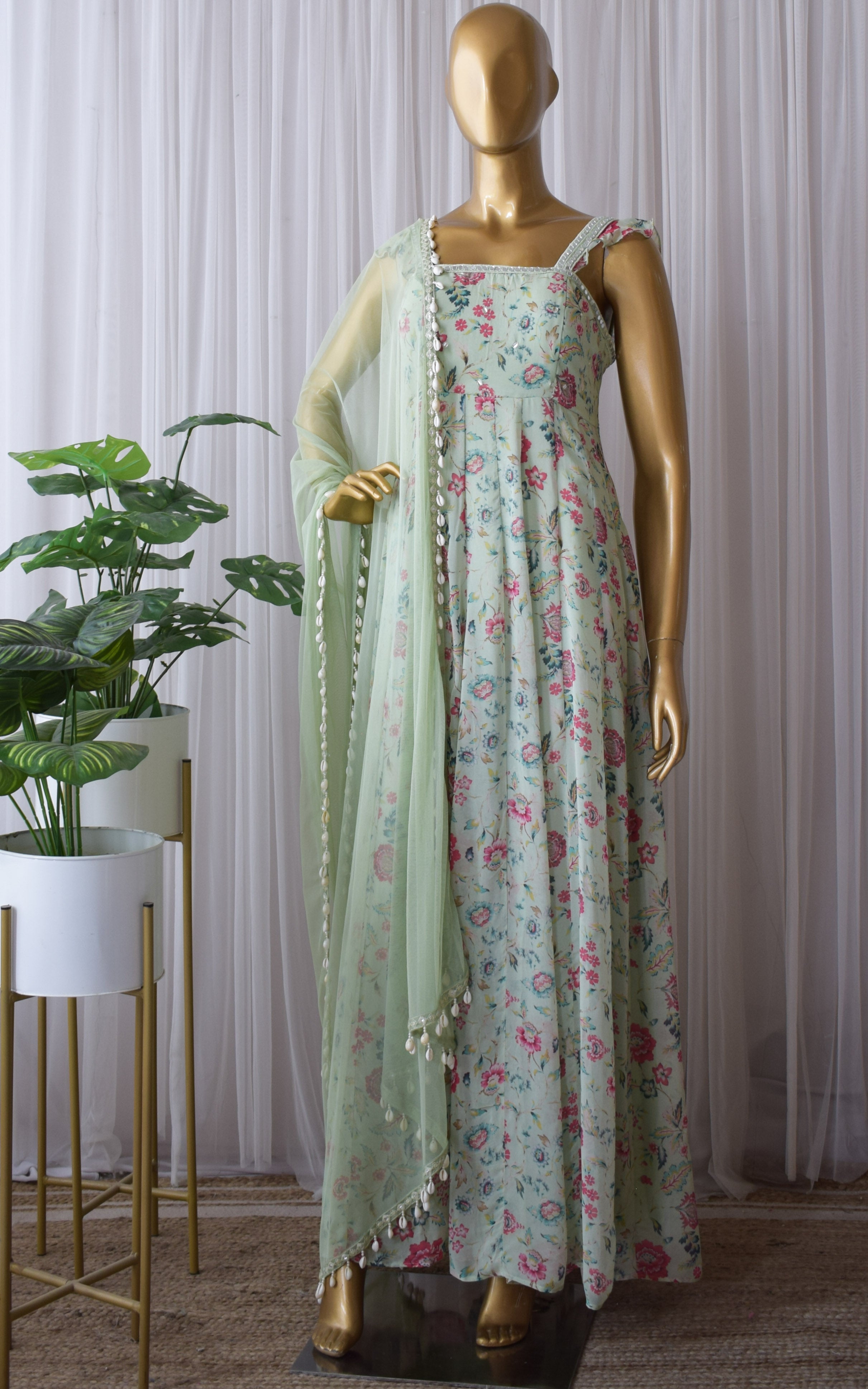 Riya Nagpal Laurel Green Floral Printed Georgette Mirrorwork Anarkali