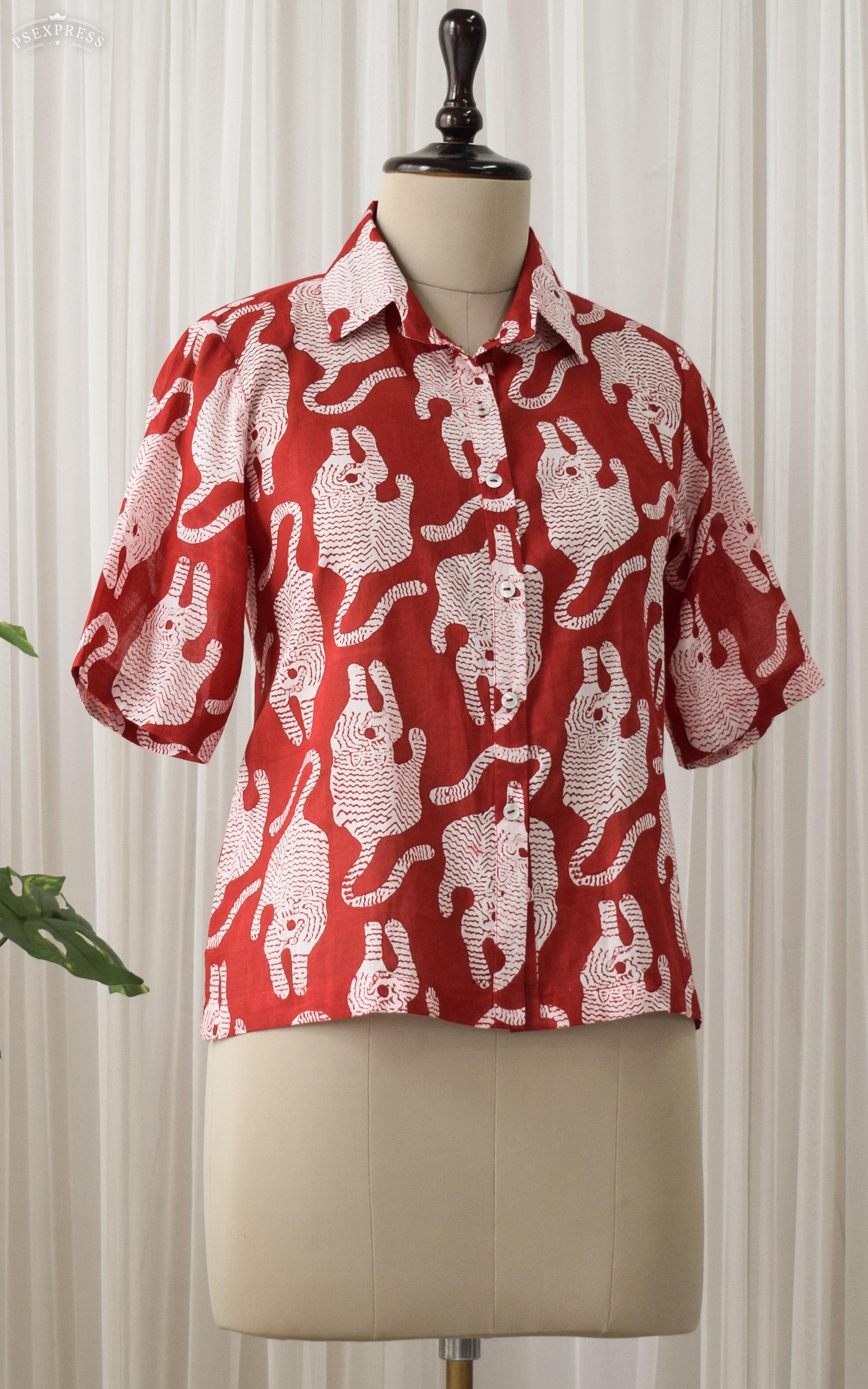 Red Leopard Block Print Crop Shirt