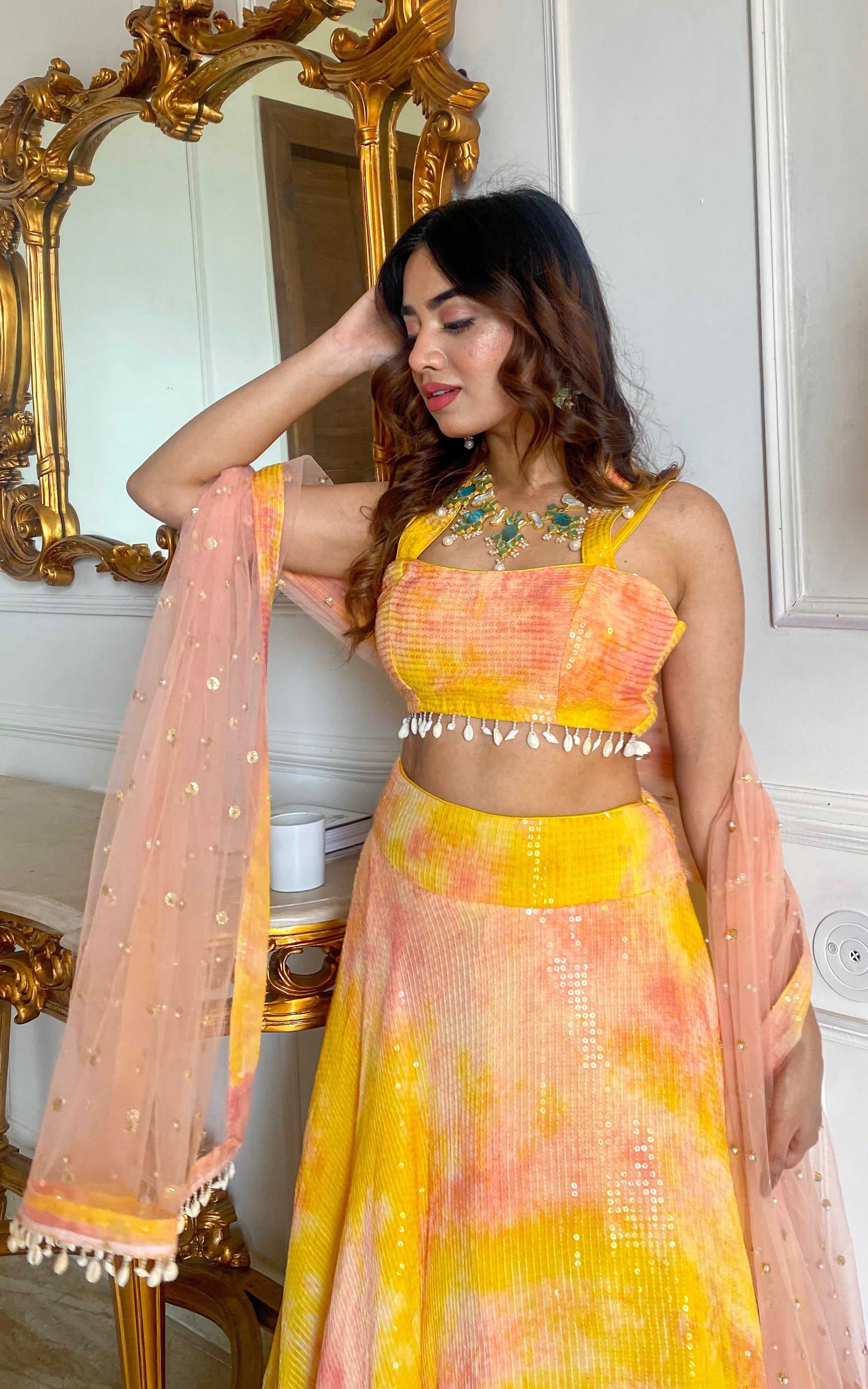 Diya Choudhary Yellow Pink Shibori Sequin Lehenga