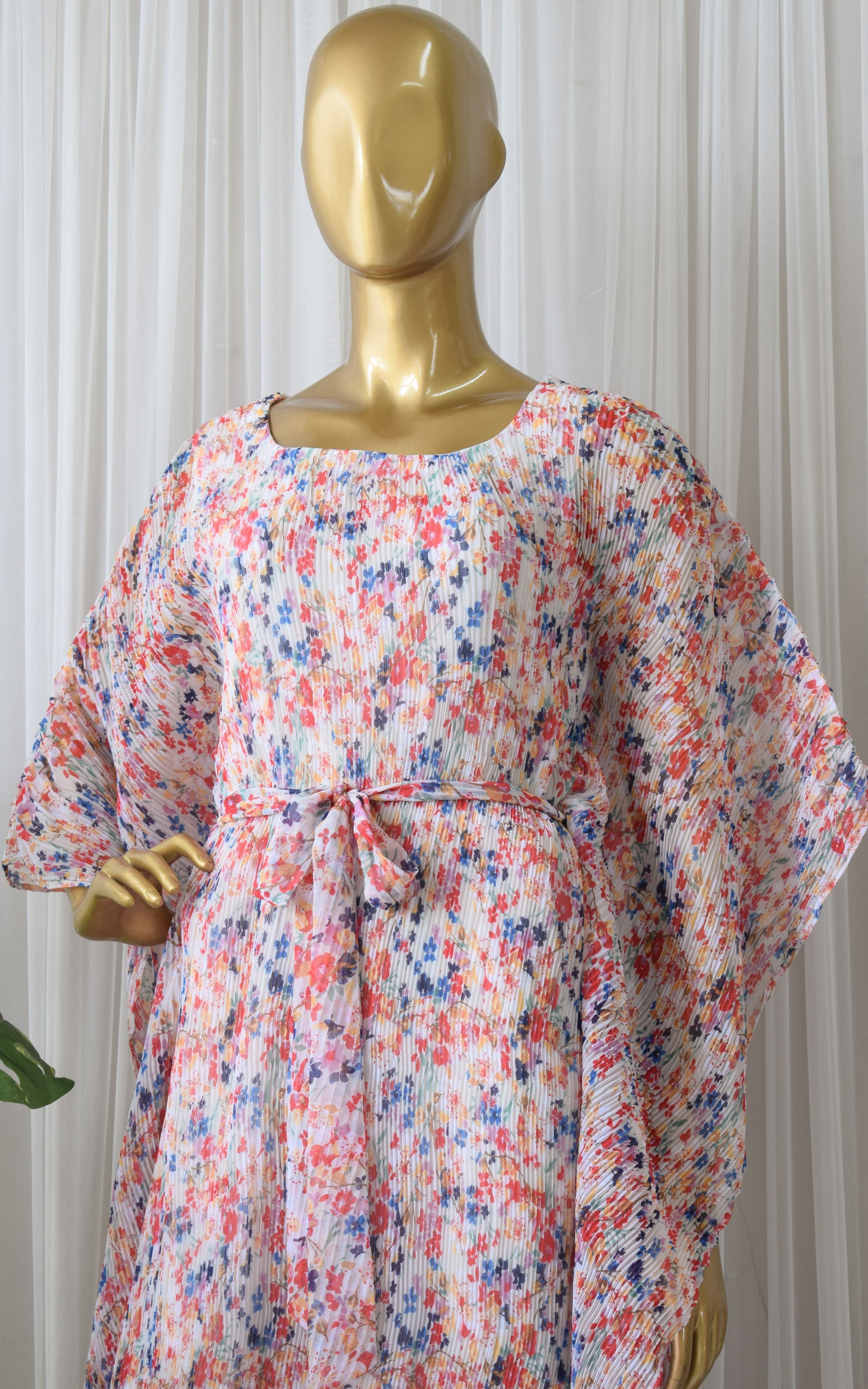 Multicolor Floral Printed Georgette Pleated Summer Kaftan Dress