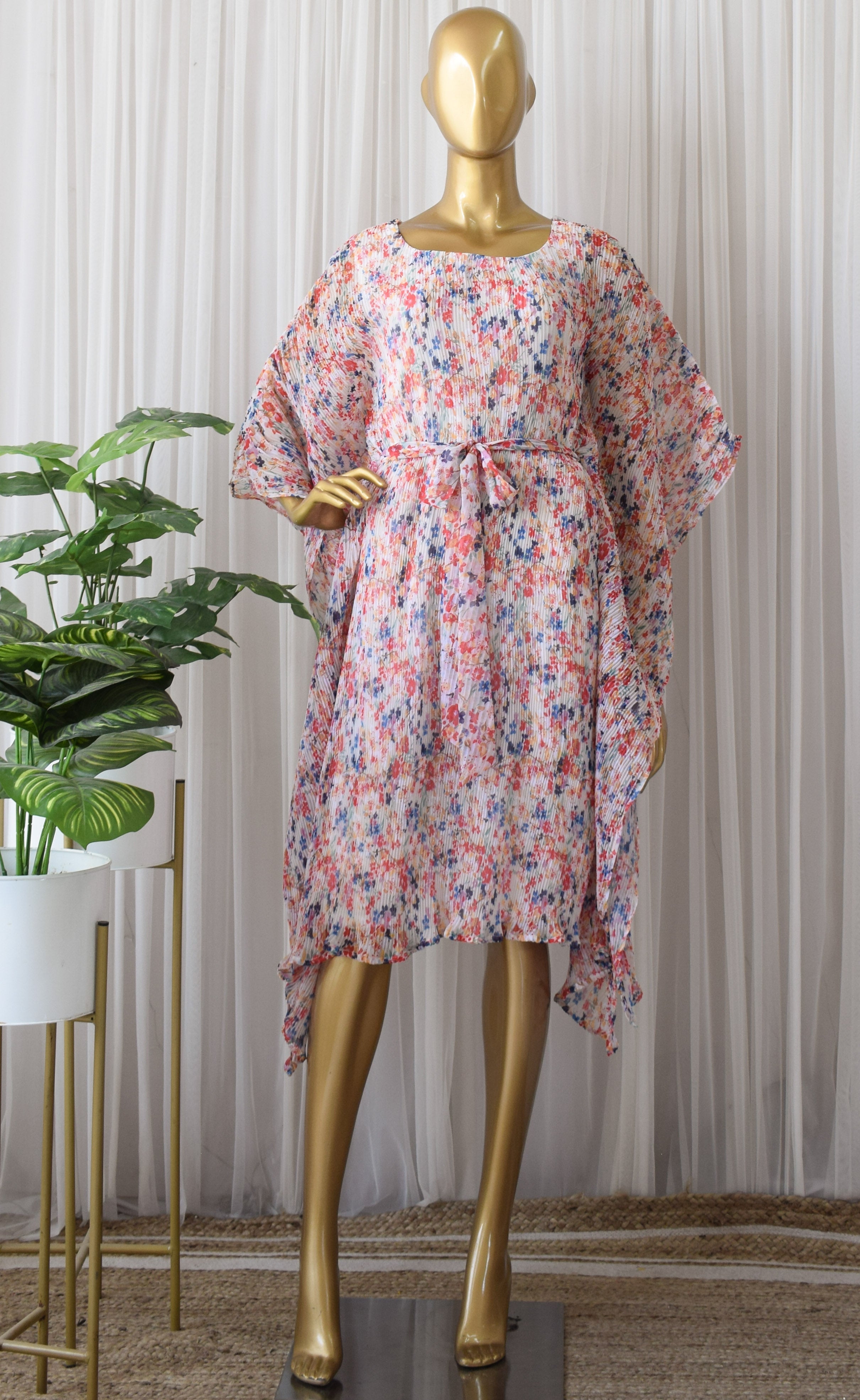 Multicolor Floral Printed Georgette Pleated Summer Kaftan Dress