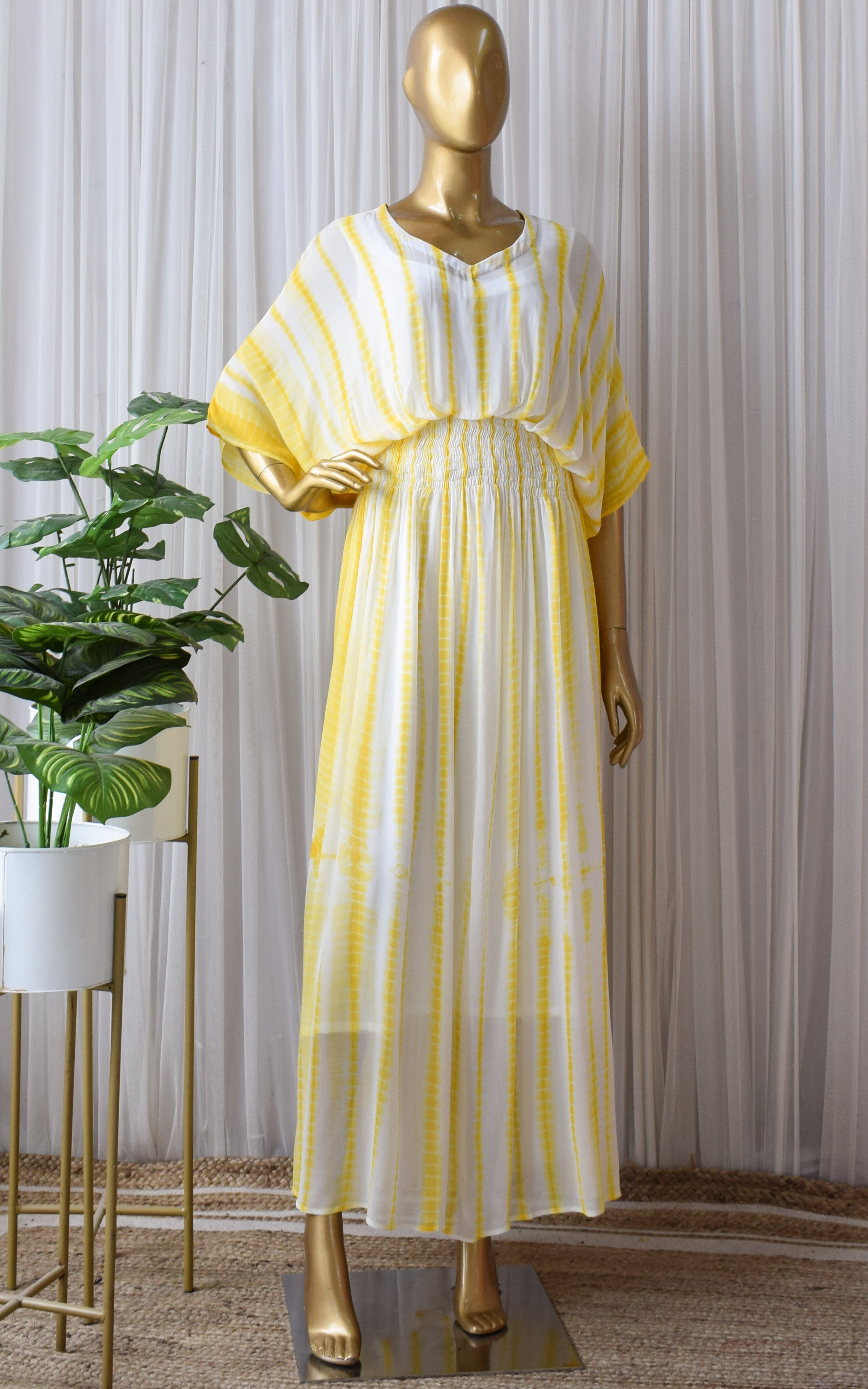 Yellow Shibori Tie-Dye Kaftan Maxi Dress