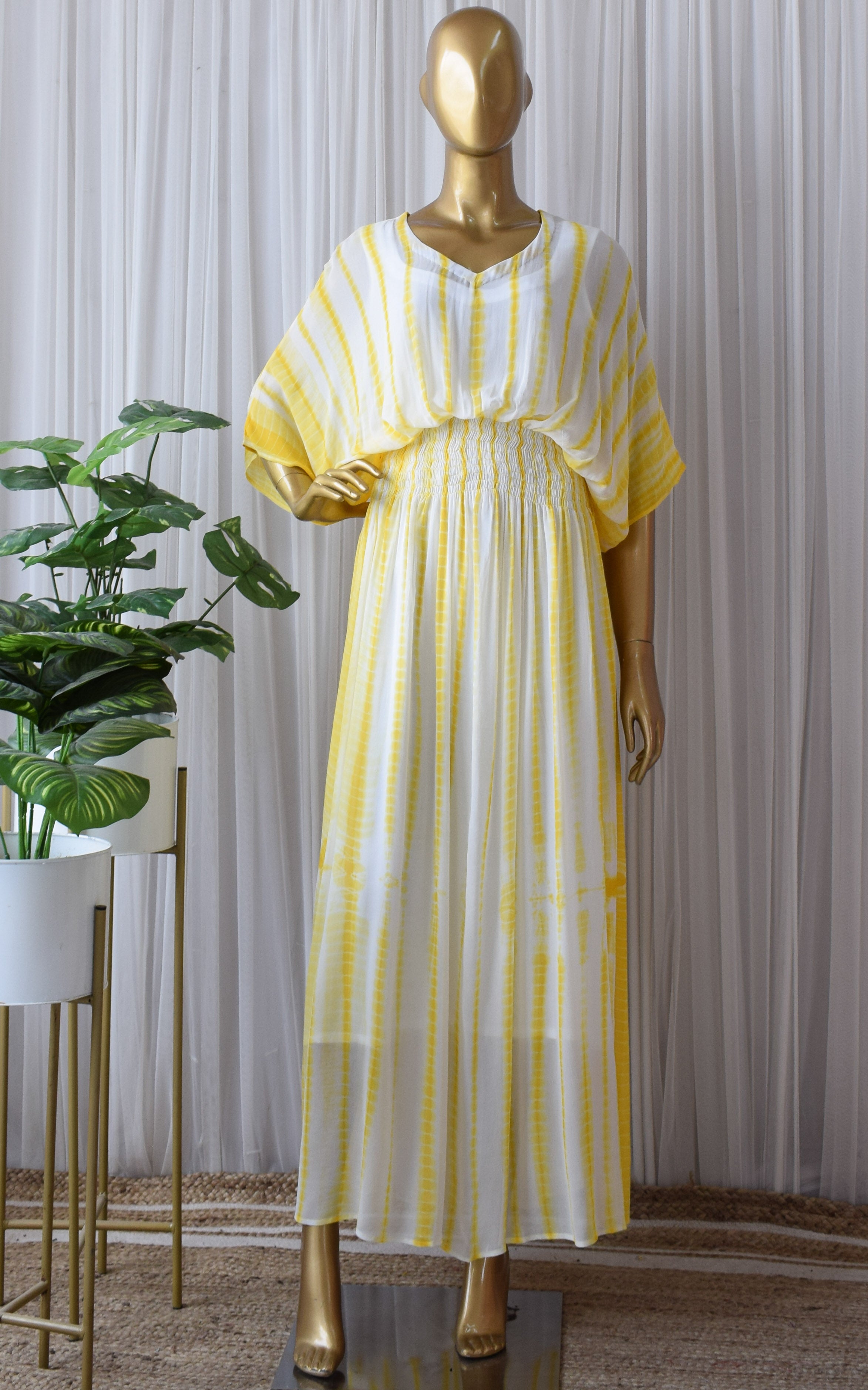 Yellow Shibori Tie-Dye Kaftan Maxi Dress