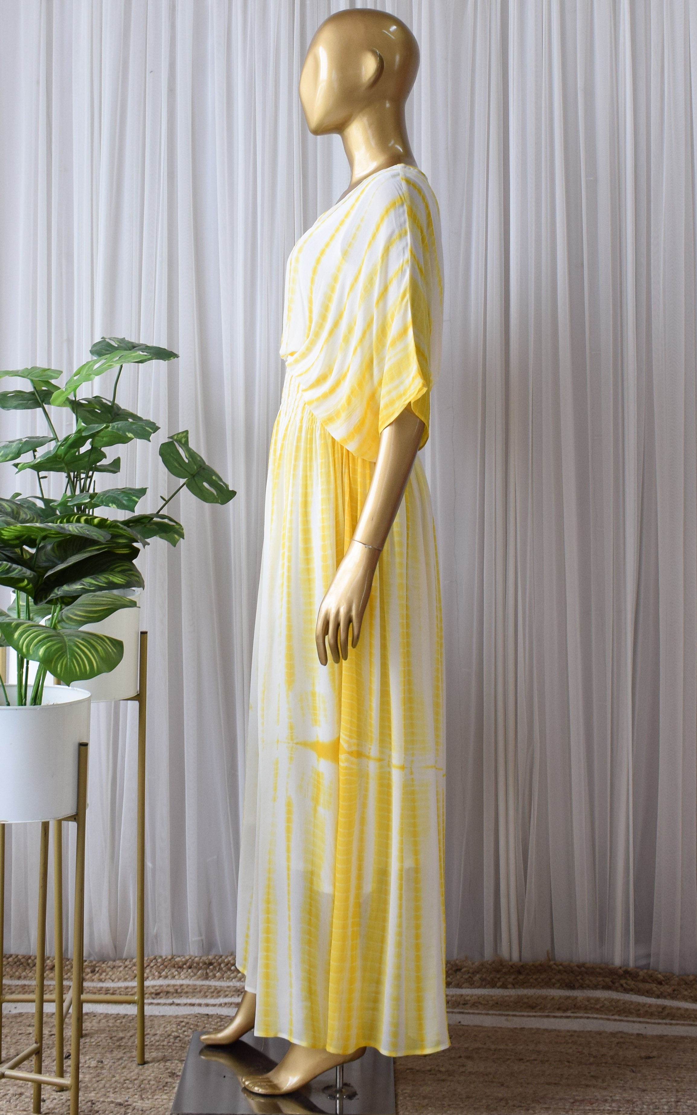 Yellow Shibori Tie-Dye Kaftan Maxi Dress