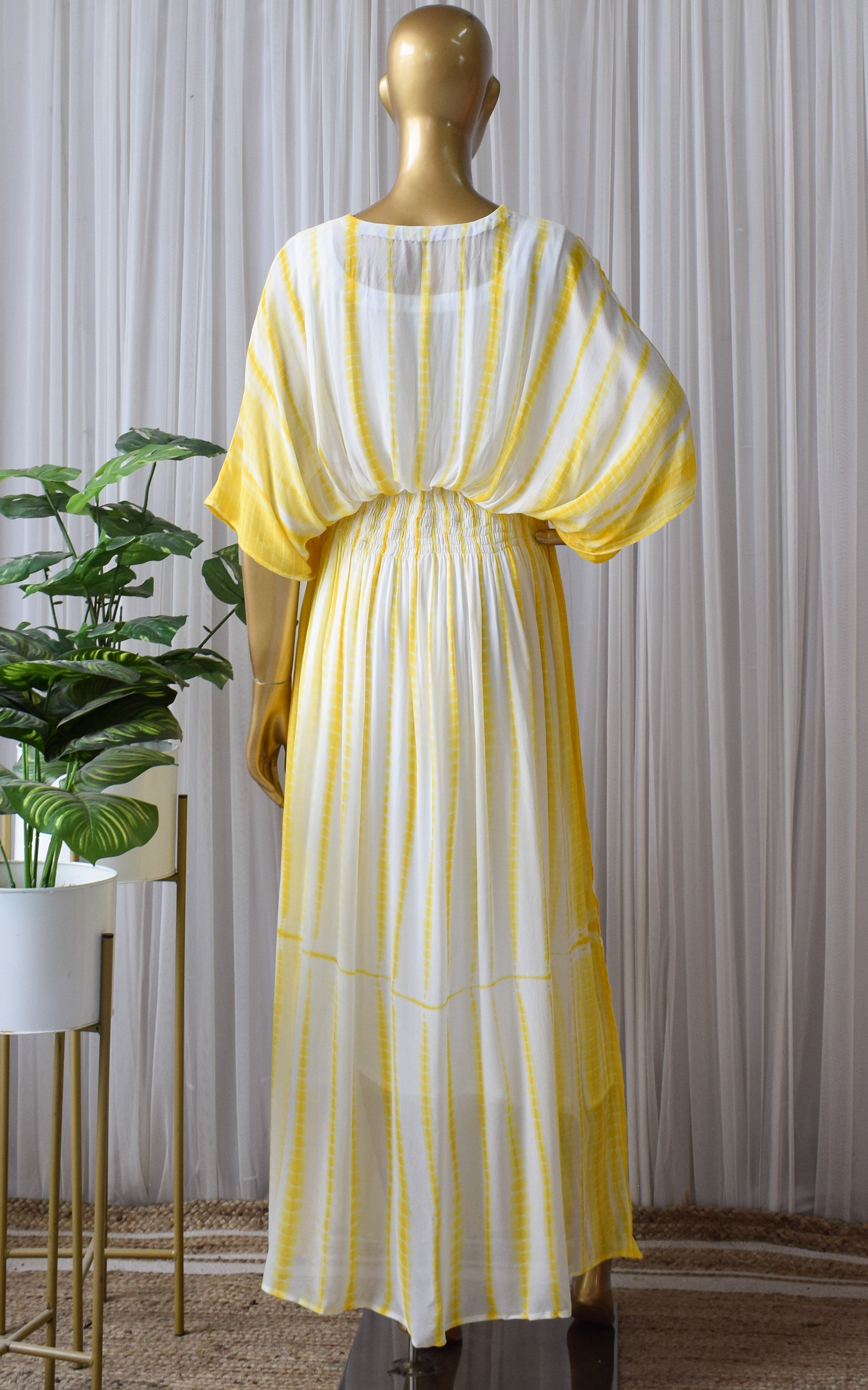 Yellow Shibori Tie-Dye Kaftan Maxi Dress